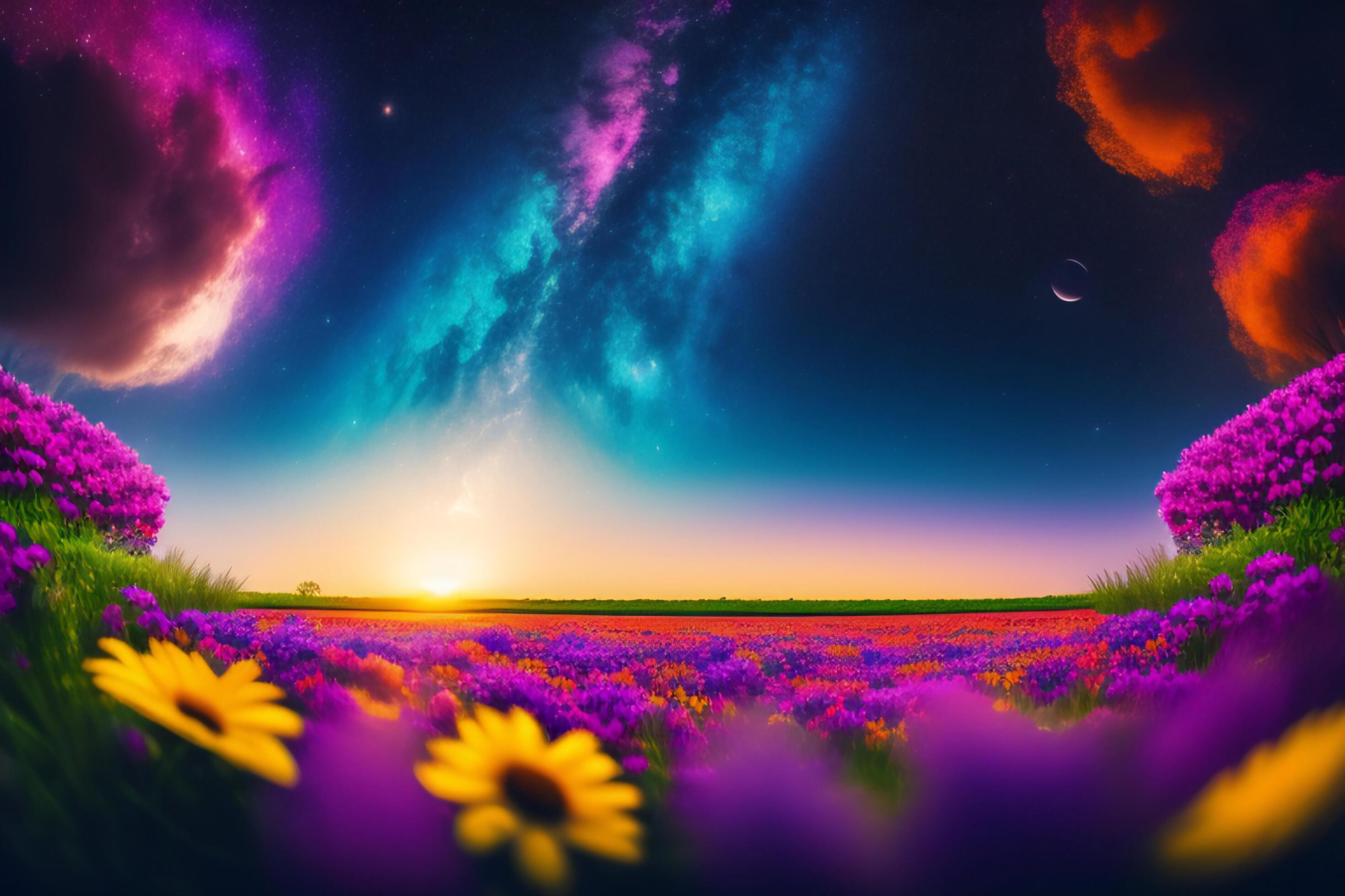 Fantasy landscape with flowers, mountains and moon. Stock Free