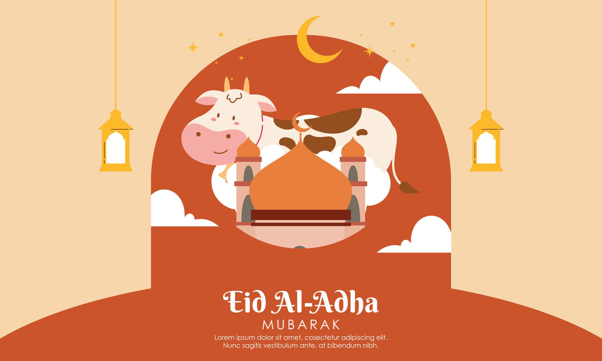 Happy Holy Eid Al Adha Mubarak Cute Banner Cartoon Doodle Illustration Free Vector