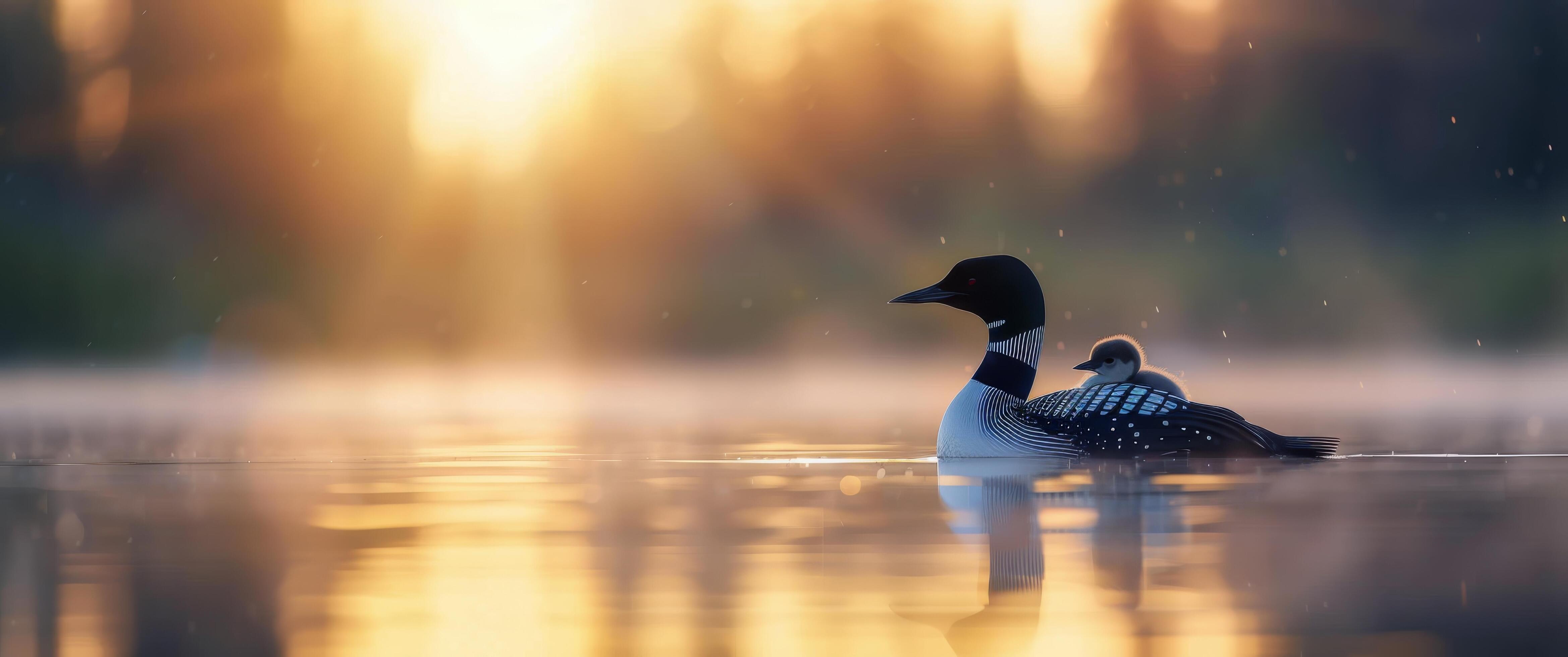 Loon and Chick at Sunrise Stock Free