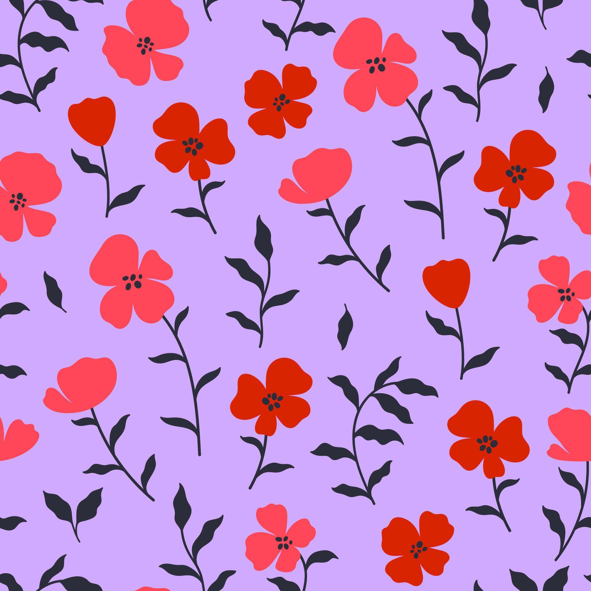 Simple seamless pattern with red flowers on a light purple background. graphics. Stock Free