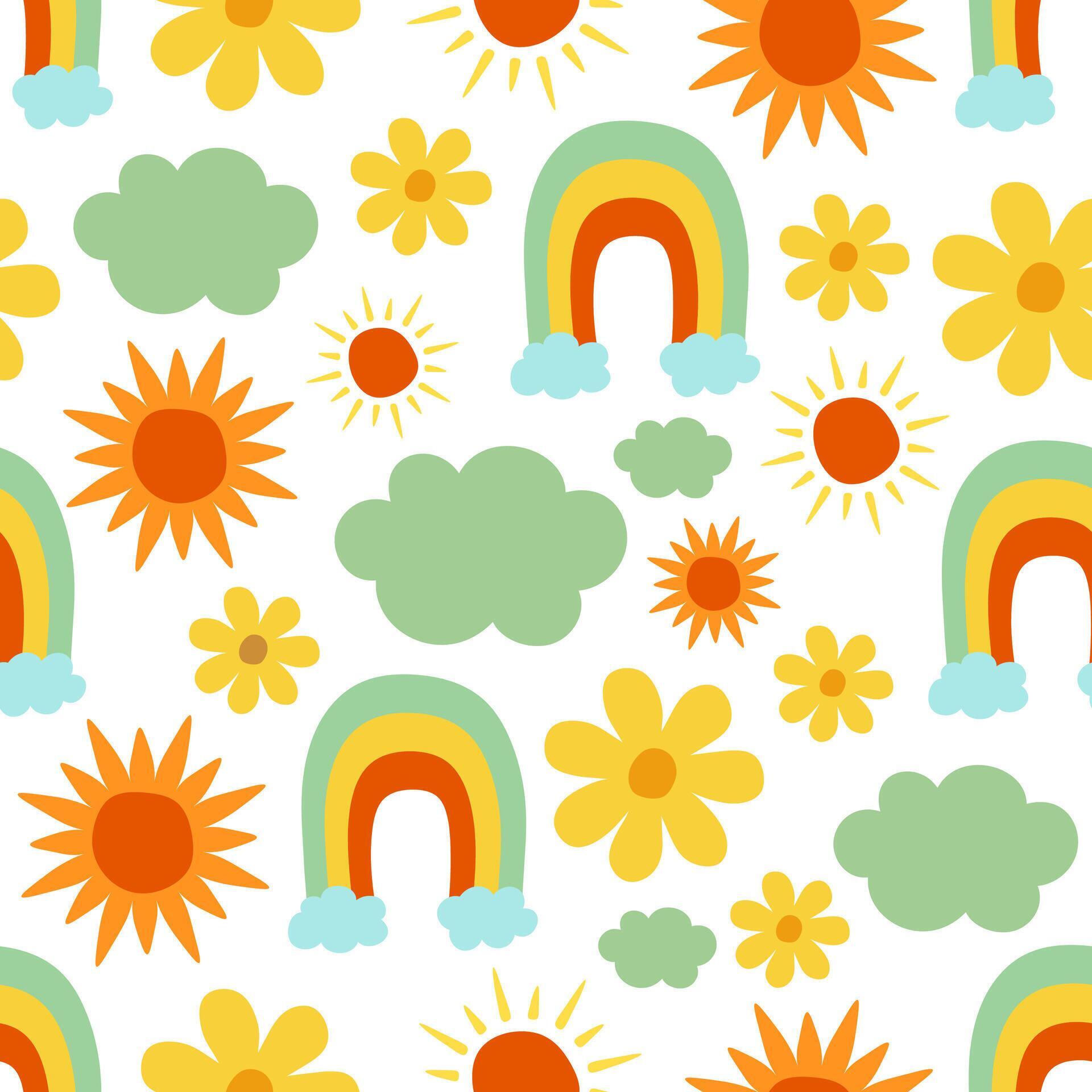 Groovy cute pattern include sun, rainbow, flower and cloud Stock Free