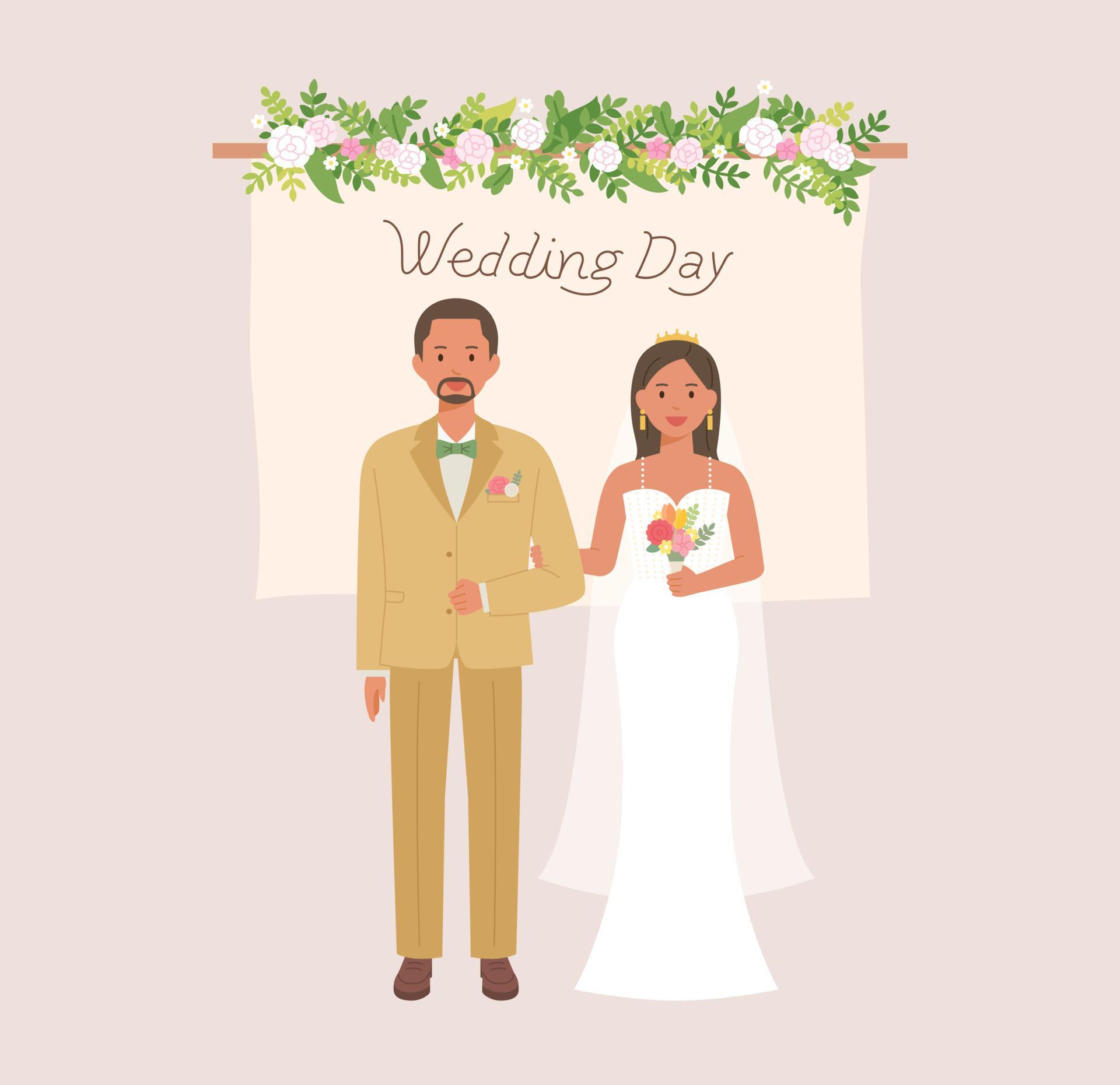 Bride and groom characters standing in front of a card decorated with flowers. Stock Free