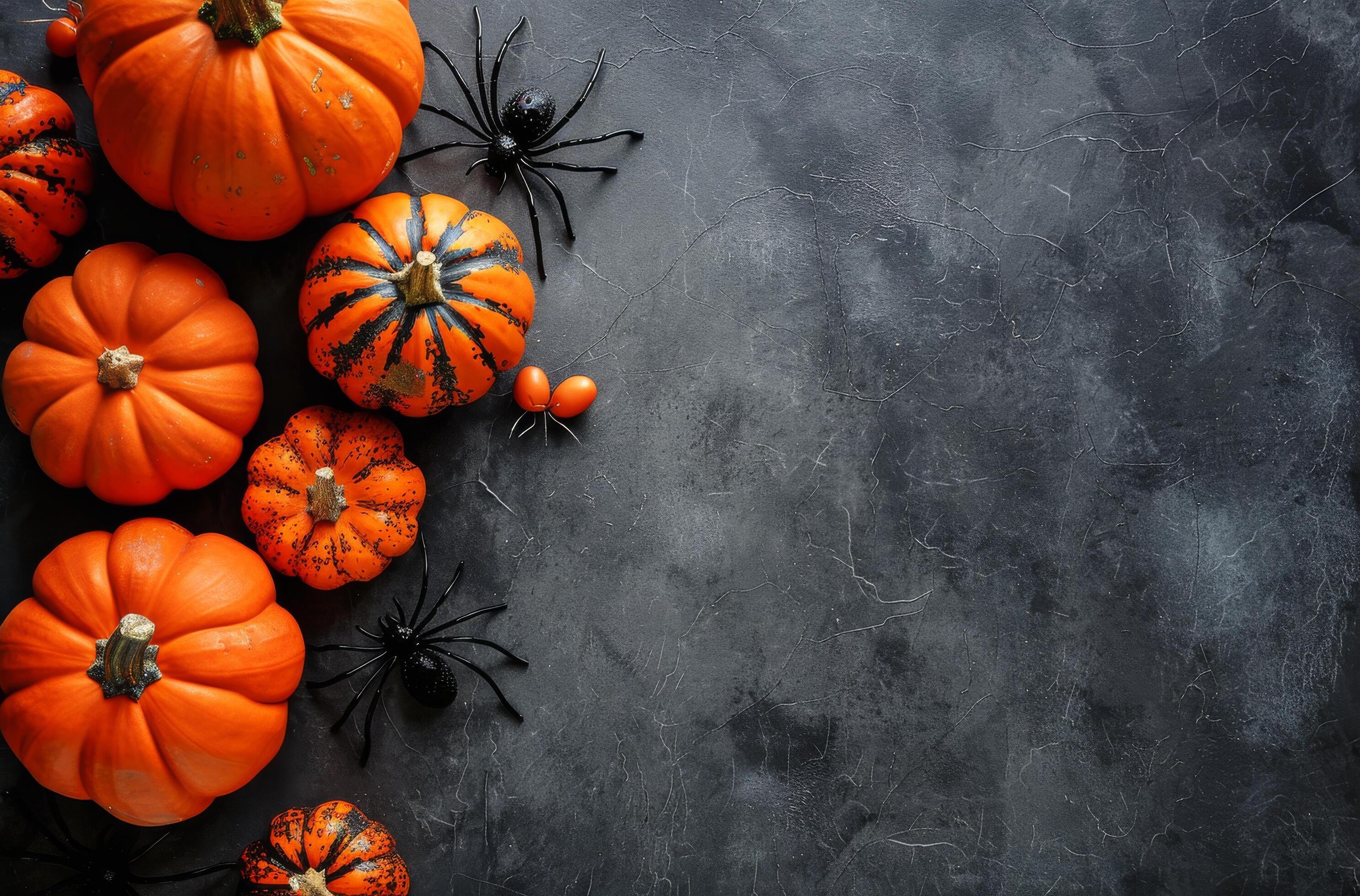 Orange Pumpkins, Fall Leaves, and Spiders on a Dark Gray Background Stock Free