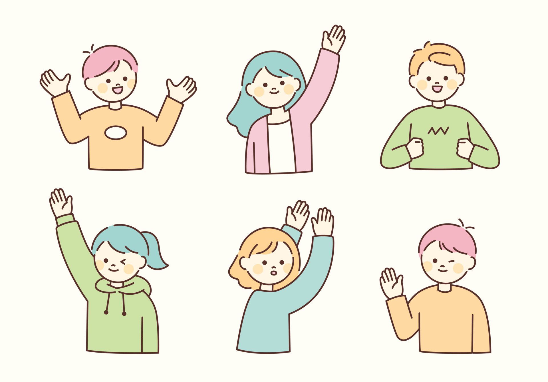 Characters with cute faces have positive expressions. People are raising their hands in various poses. Free Vector