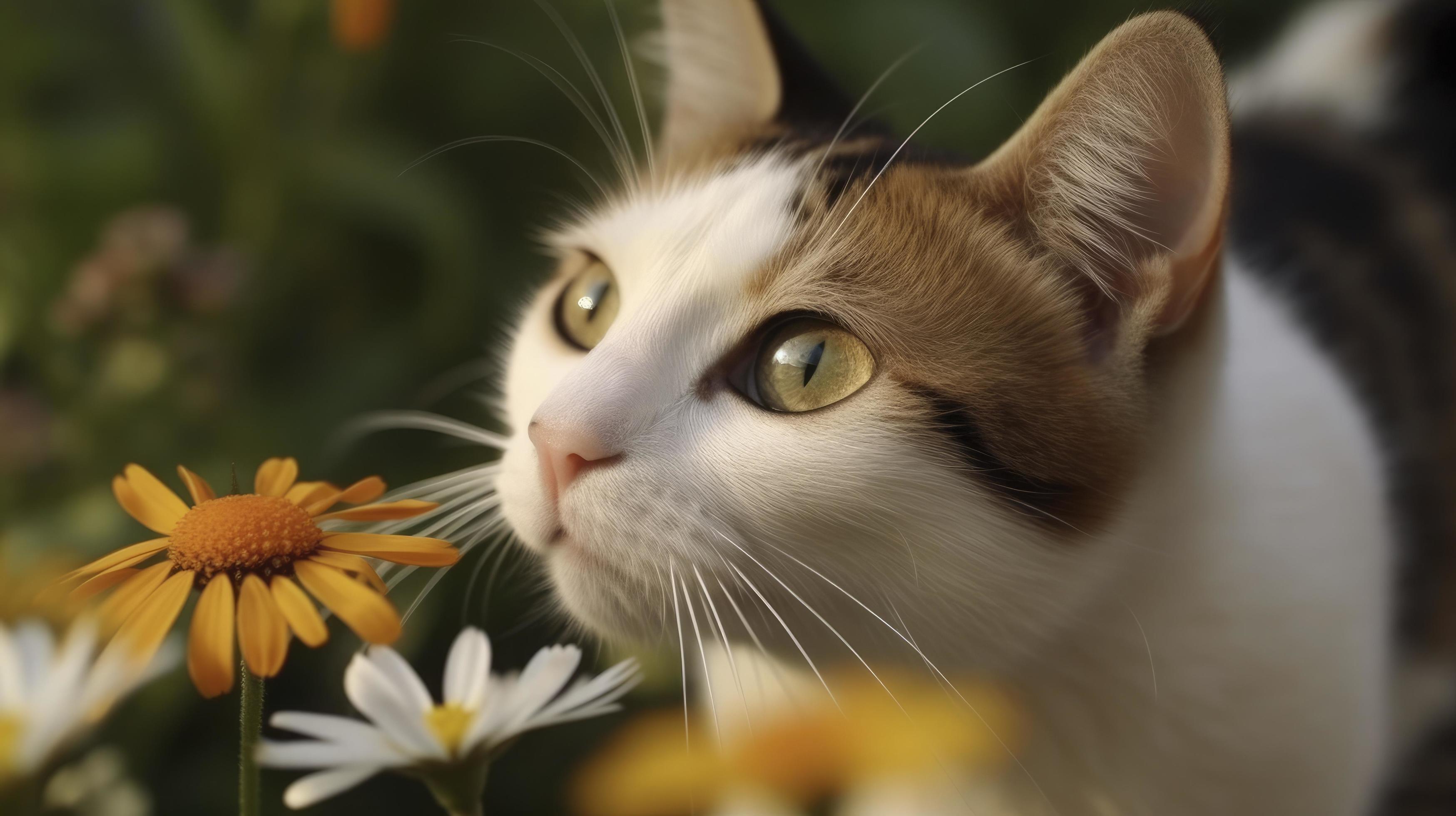 A playful cat chasing a butterfly around a garden full of flowers, Generate Ai Stock Free