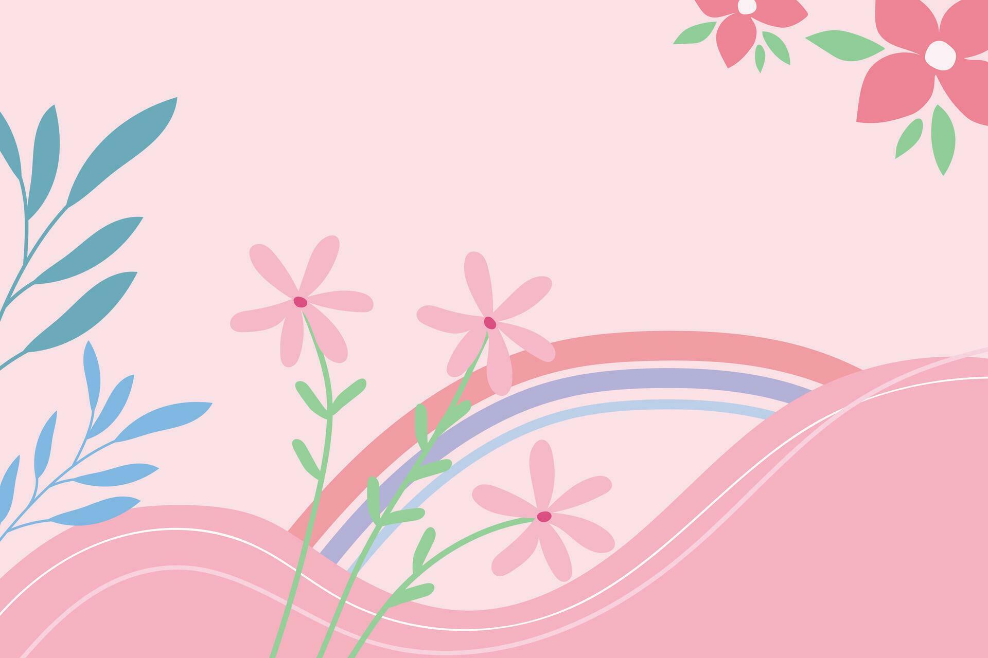 Minimalistic background with flowers and rainbow. Design for postcards, covers. Stock Free