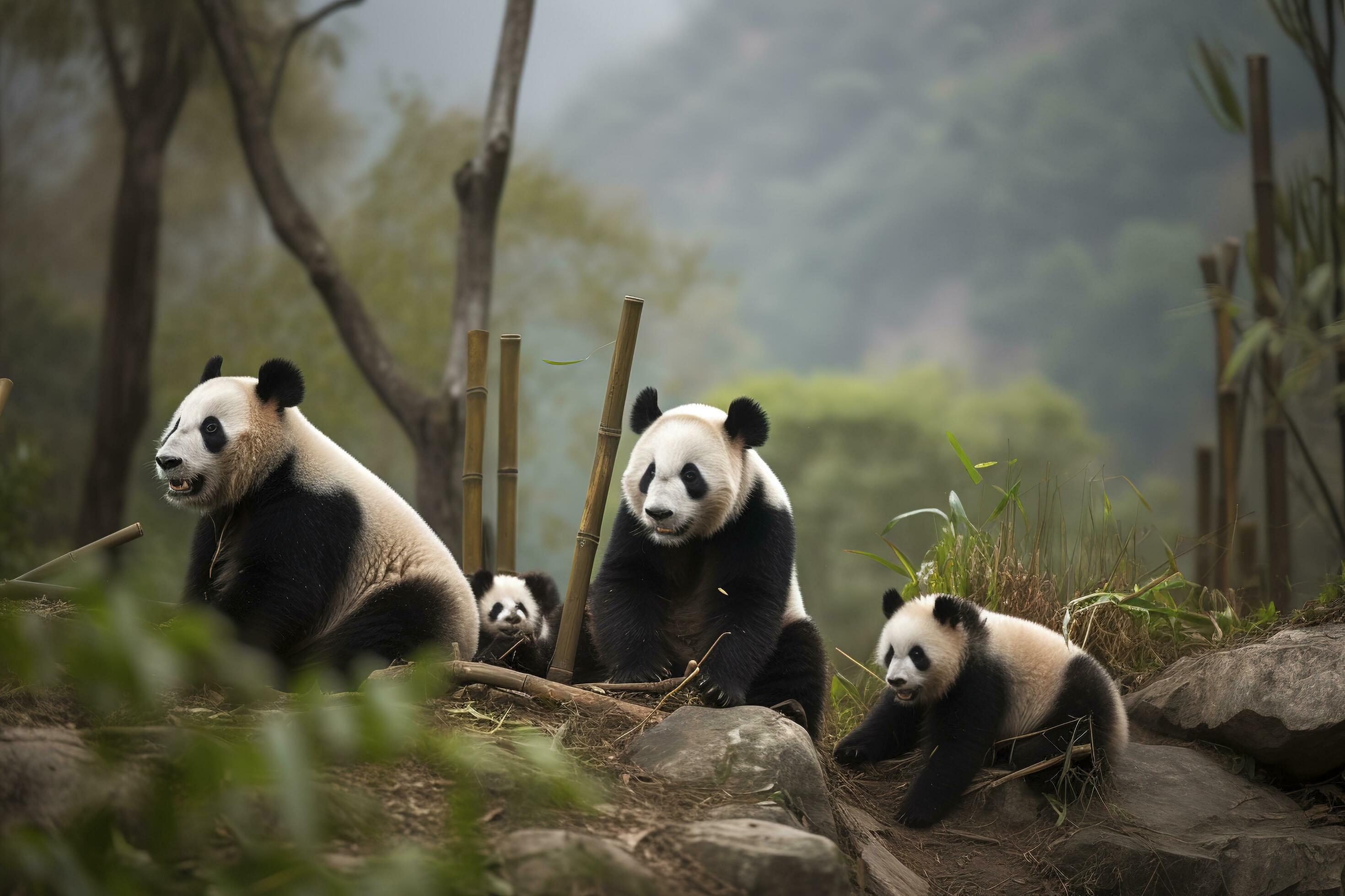 A family of pandas playing in a bamboo forest, generate ai Stock Free