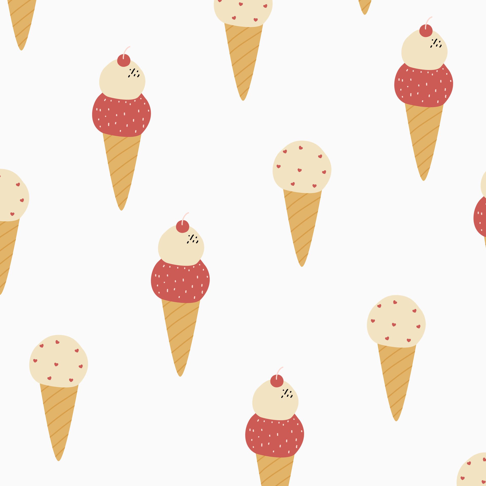 Cute ice cream with cone, cherry on white suitable for fabric prints, wrapping paper, kids clothing, Kids Apparel, Surface Design, Packaging Pattern Free Vector