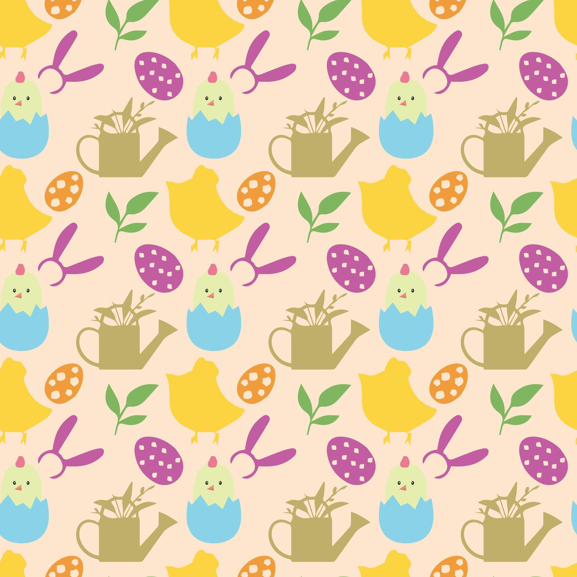 Vector seamless pattern Happy Easter. Easter Bunny, egg shell, decorated egg, flower Stock Free