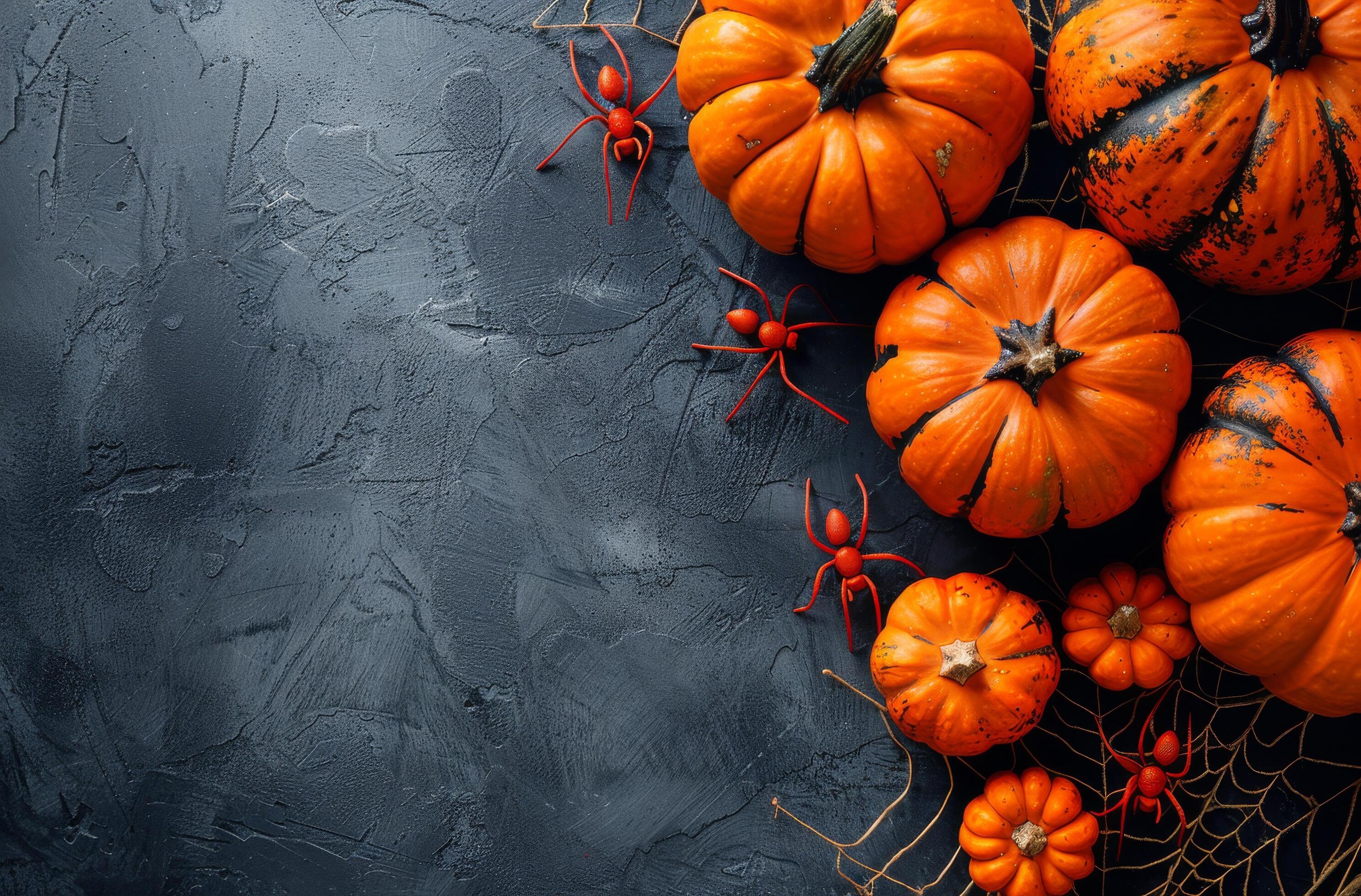 Orange Pumpkins, Fall Leaves, and Spiders on a Dark Gray Background Stock Free