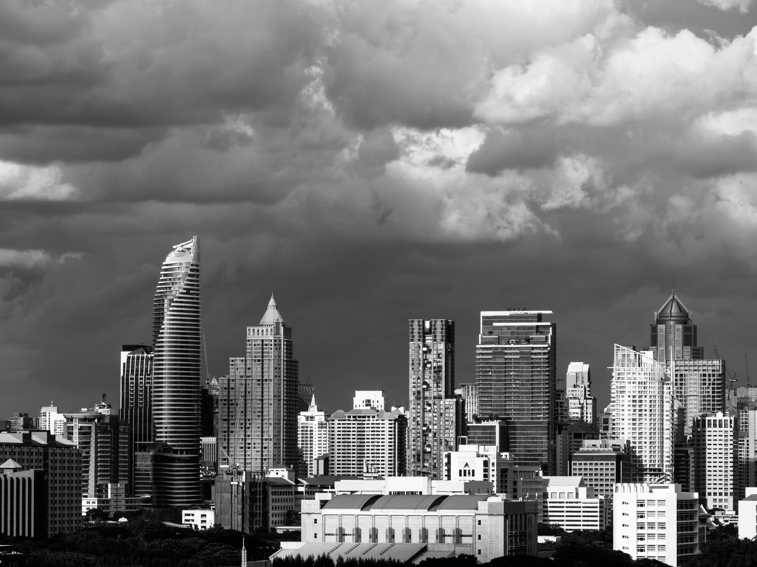 Modern building in business district at Bangkok city, Thailand. Black and White tone Stock Free