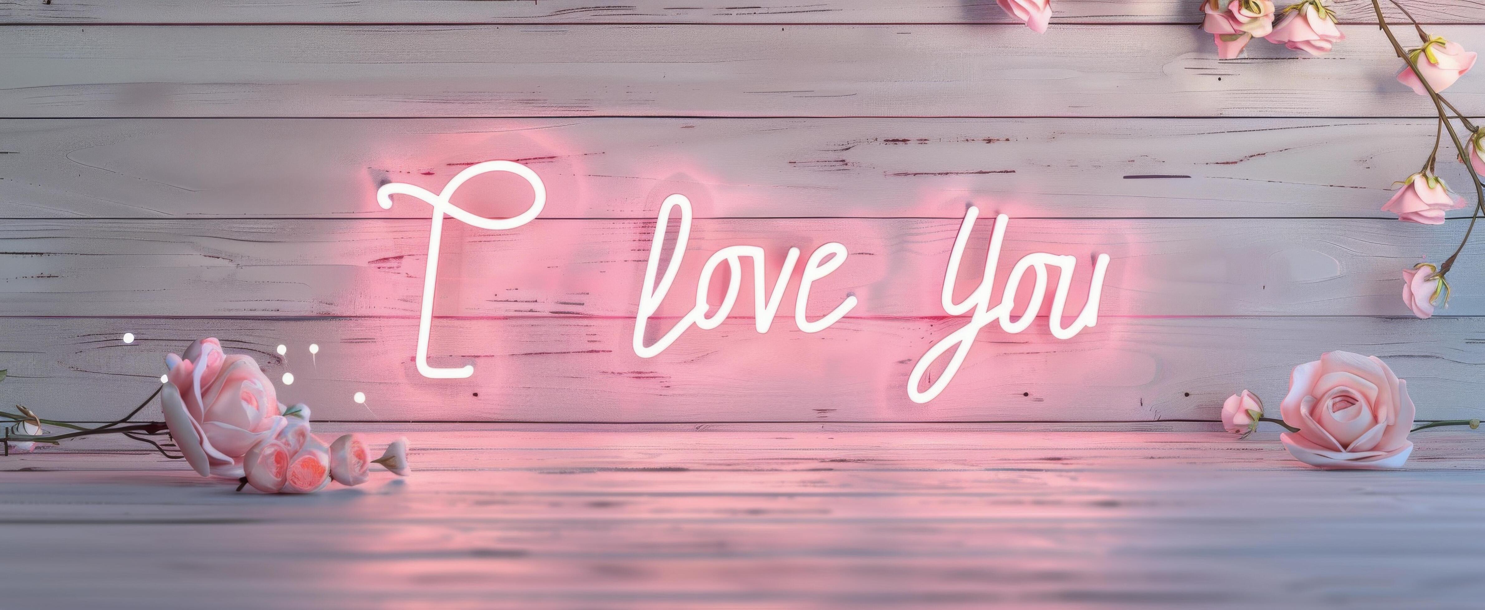 Neon Love You Sign With Pink Flowers Against Rustic Background Stock Free