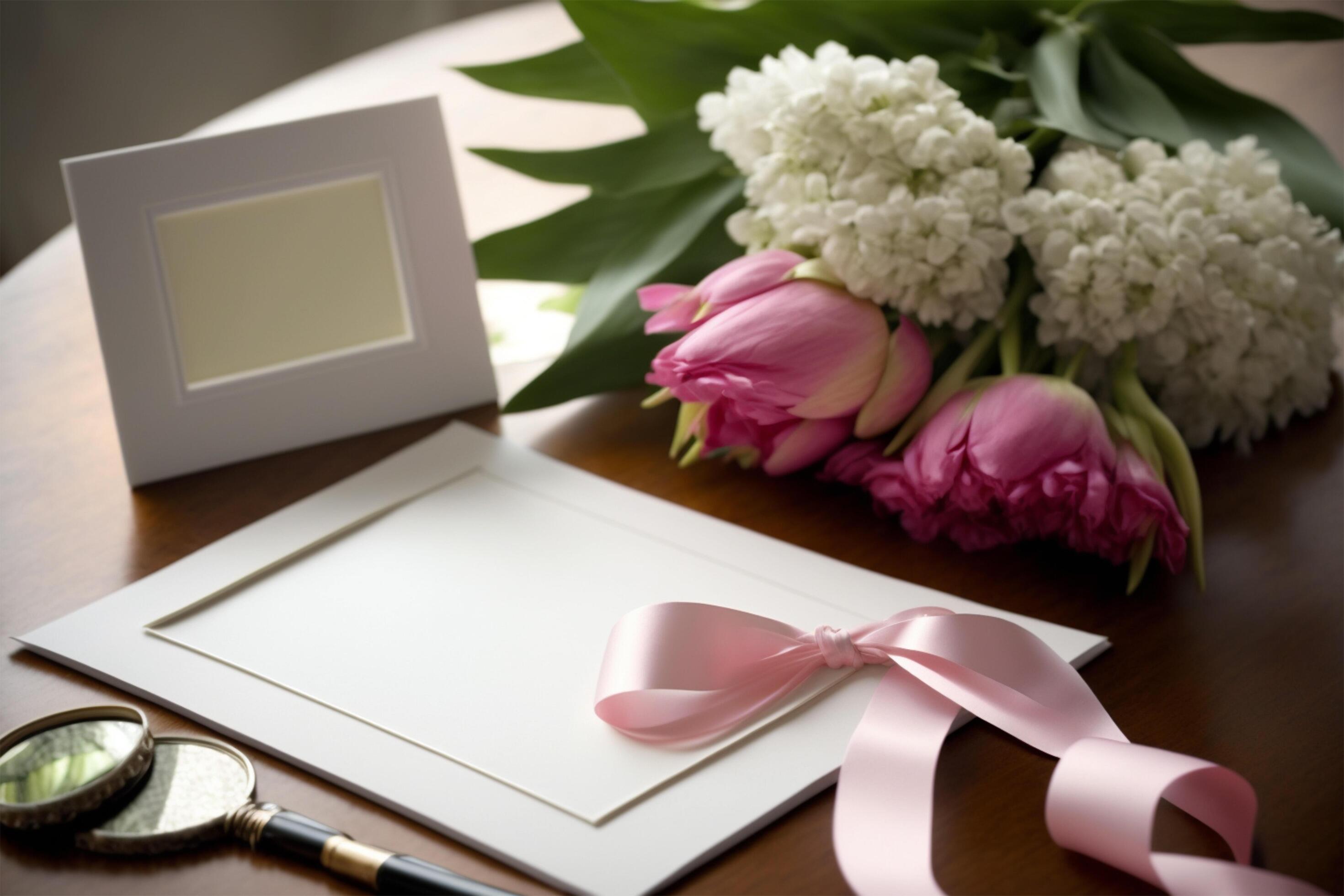 blank card on table with pink flowers and ribbons, Stock Free