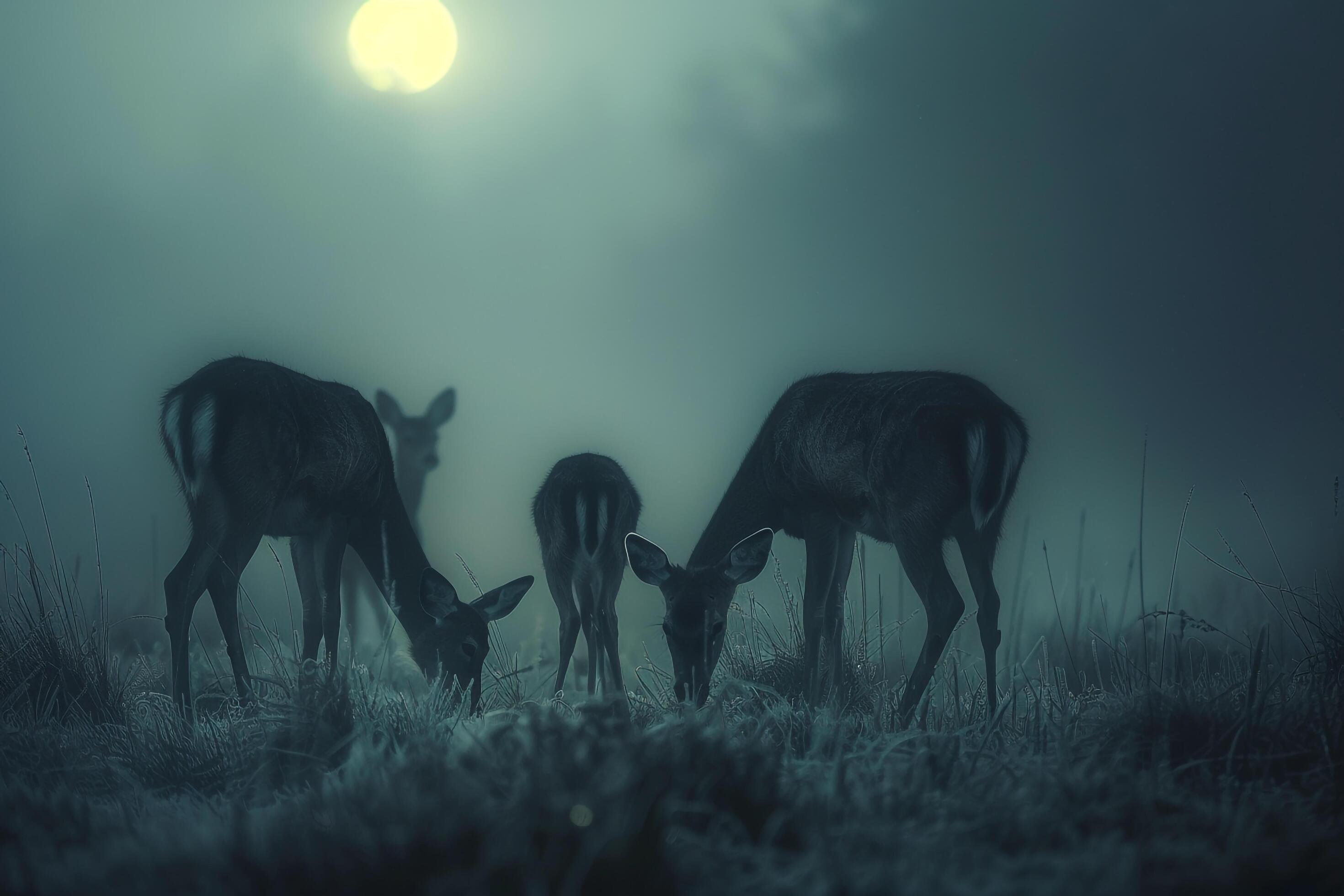 Moonlight Filtering Through Mist Casting Silver Glow on Family of Deer Grazing in Meadow Background in Nature Stock Free