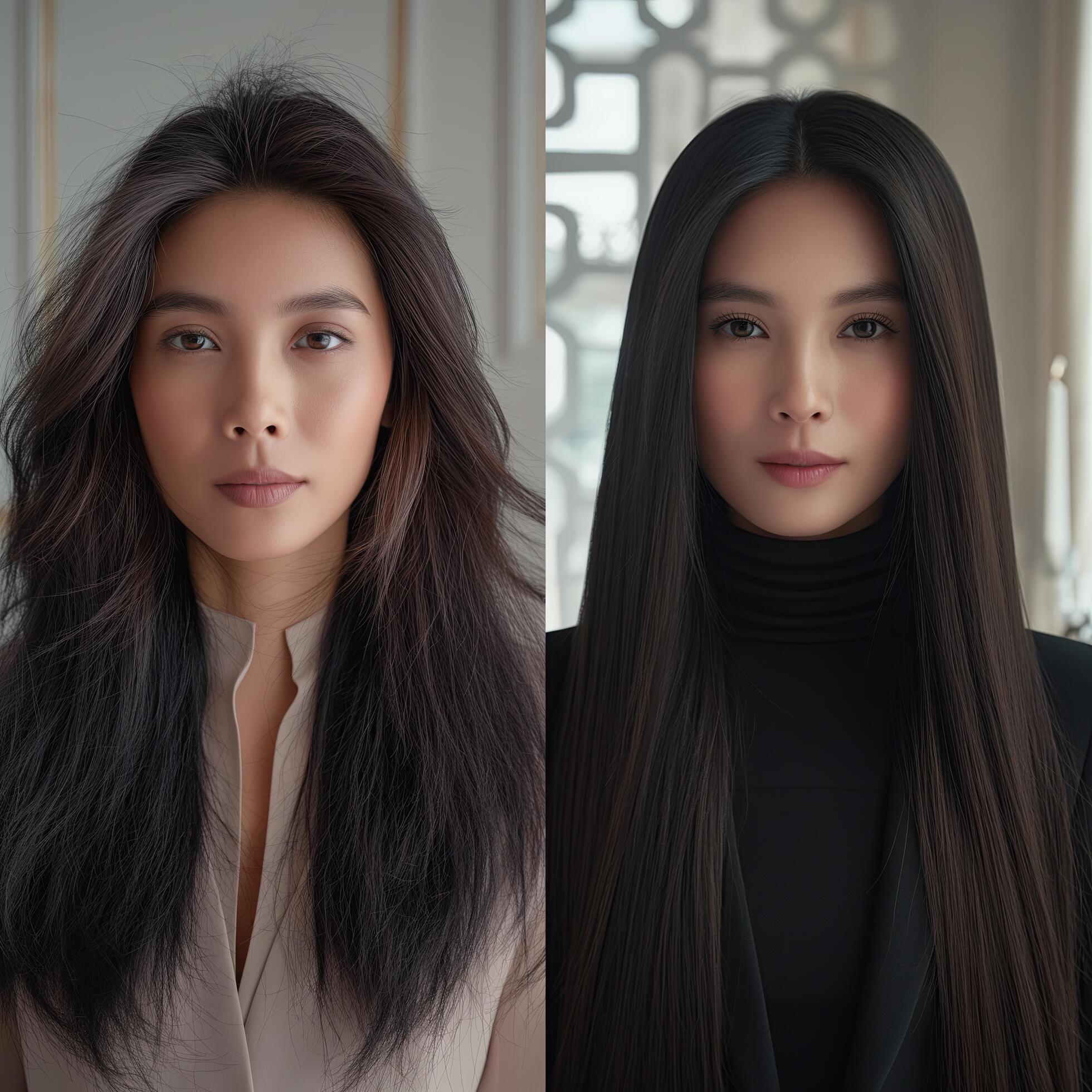 Portrait of a beautiful woman before and after hair straightening Free Photo