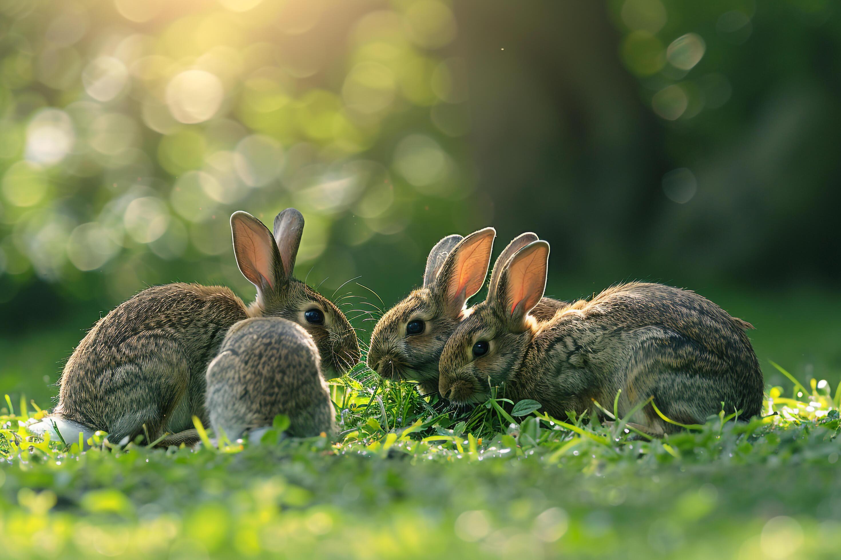 Family of Rabbits Nibbling on Fresh Green Grass in a Sunlit Meadow Nature Background Stock Free