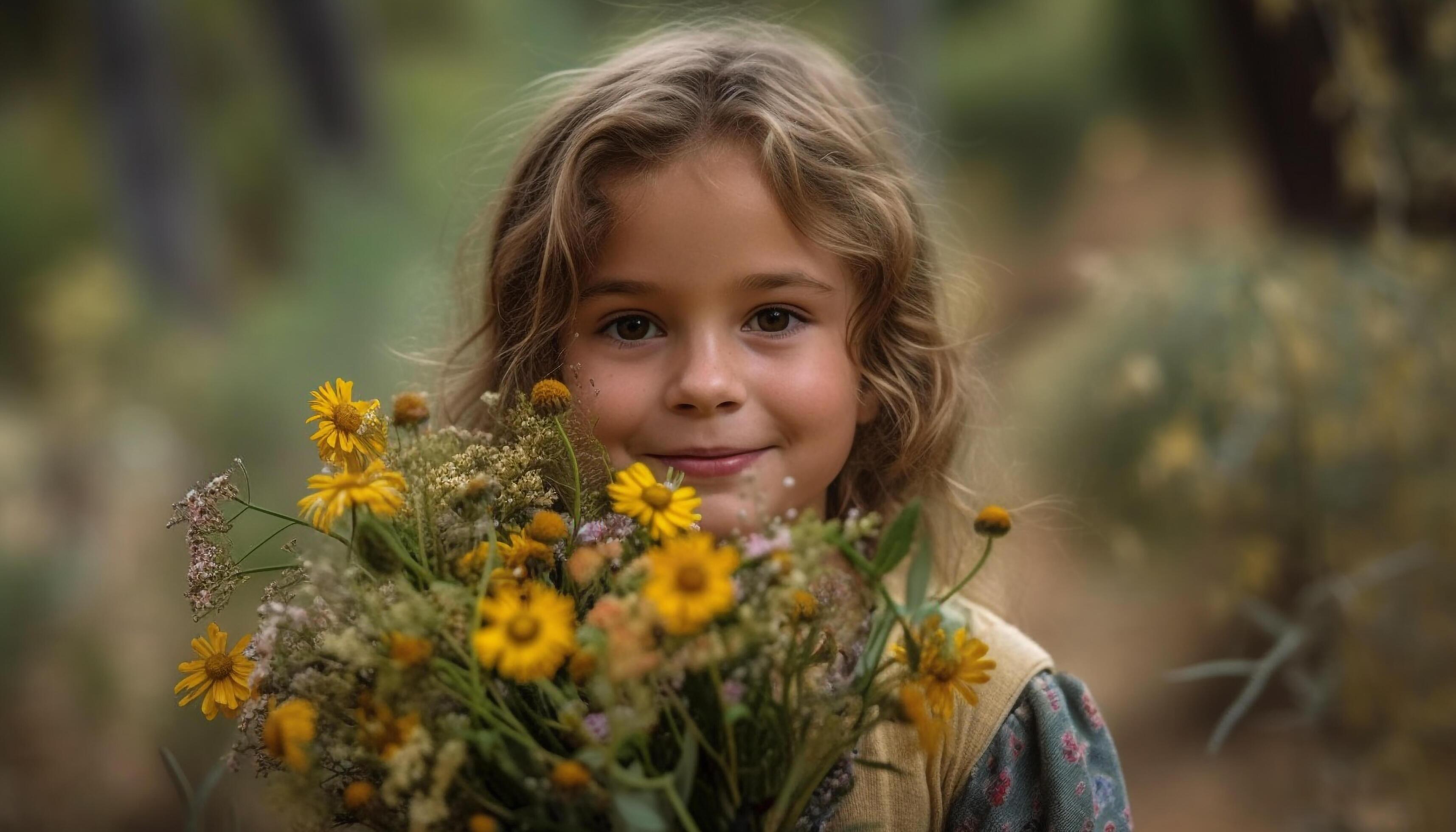 Cute girl holding yellow flower, enjoying nature generated by AI Stock Free