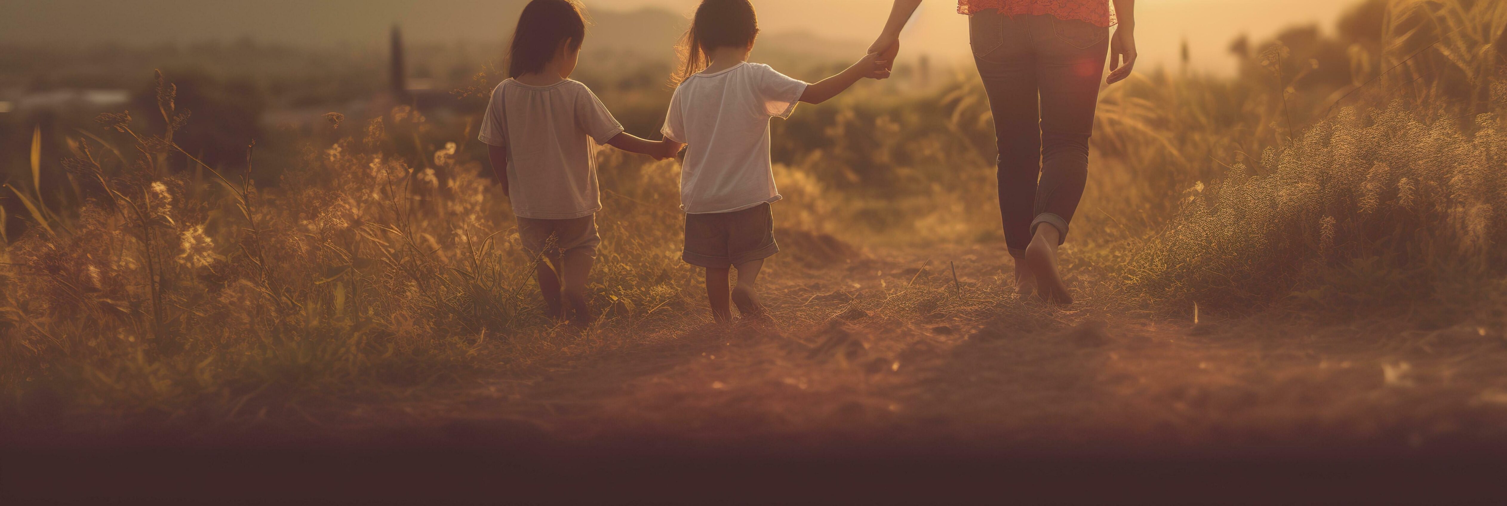 Happy family mother father and daughter walk on nature on sunset hold hand. AI Generative Stock Free