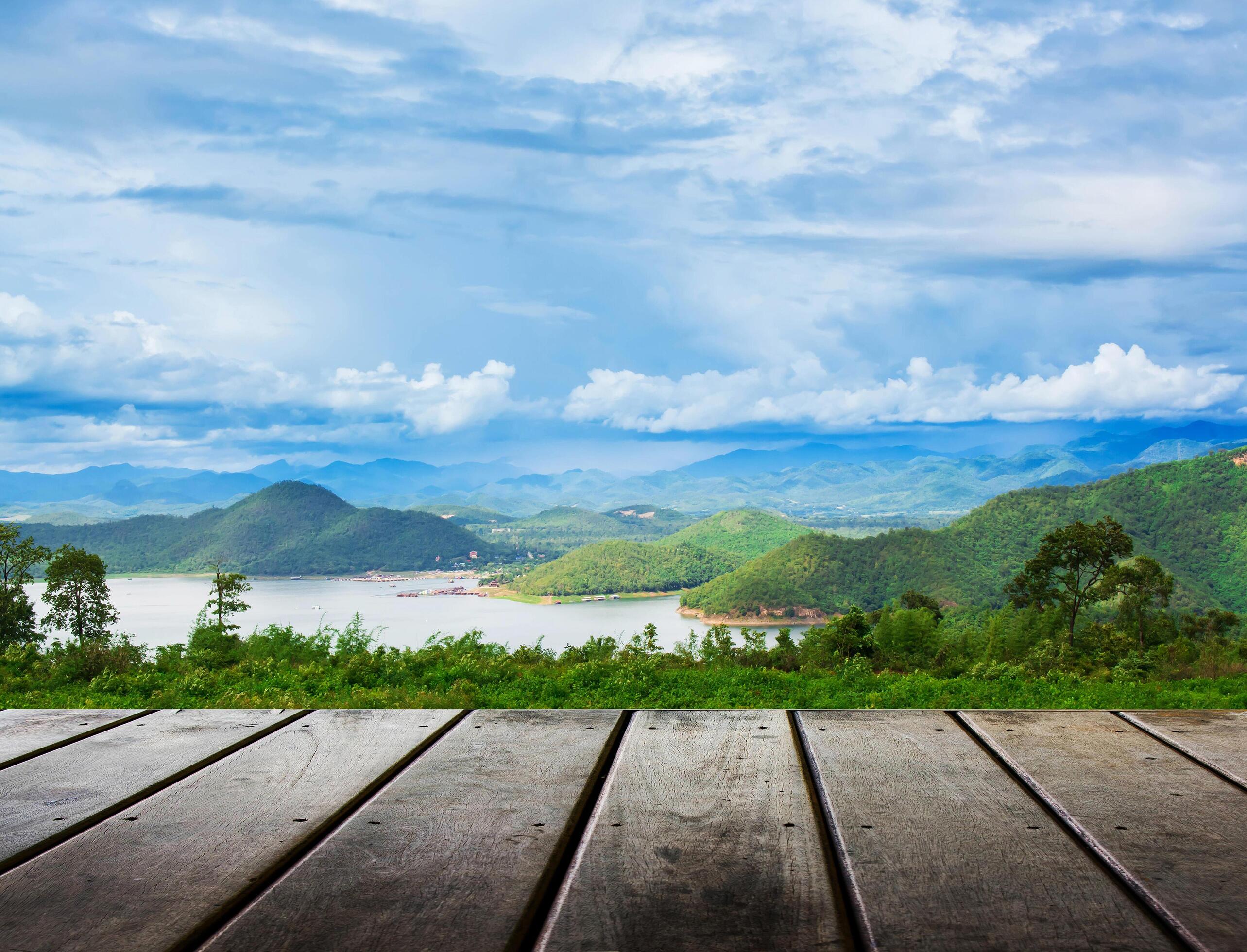 Wood planks floor with mountain view Beauty nature background Stock Free