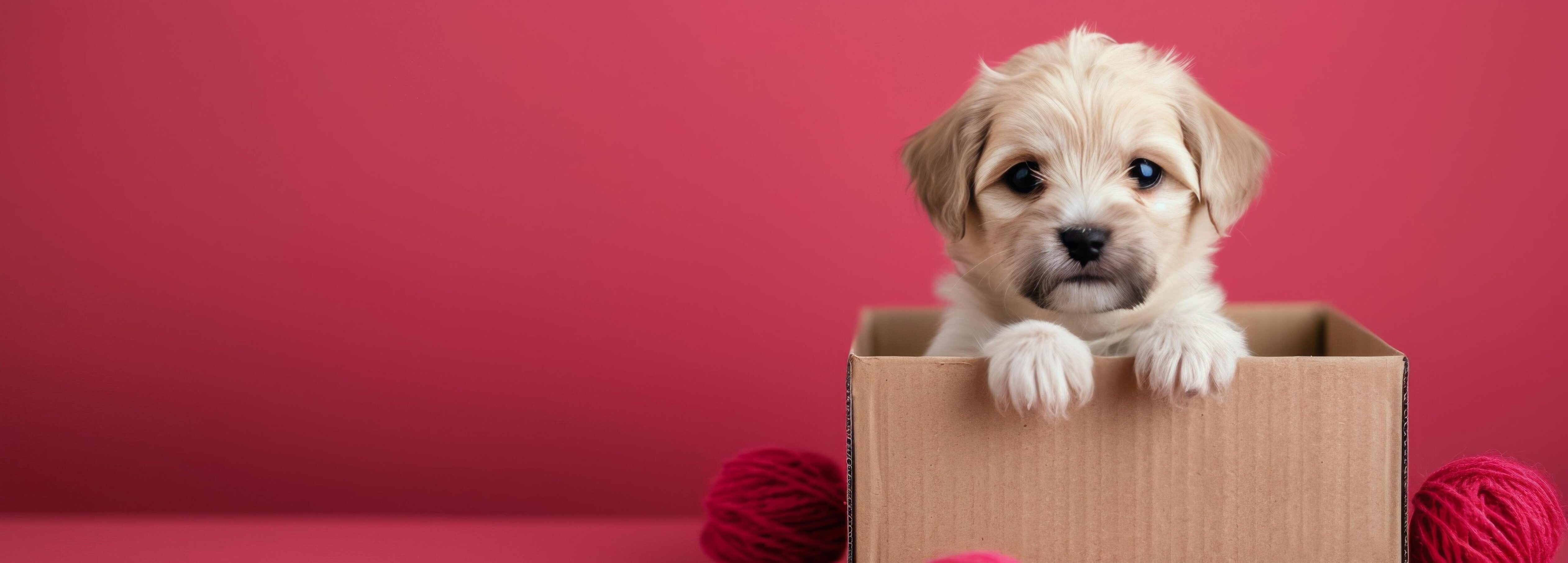 Adorable Puppy Peeking From Cardboard Box Against Bright Red Background Stock Free