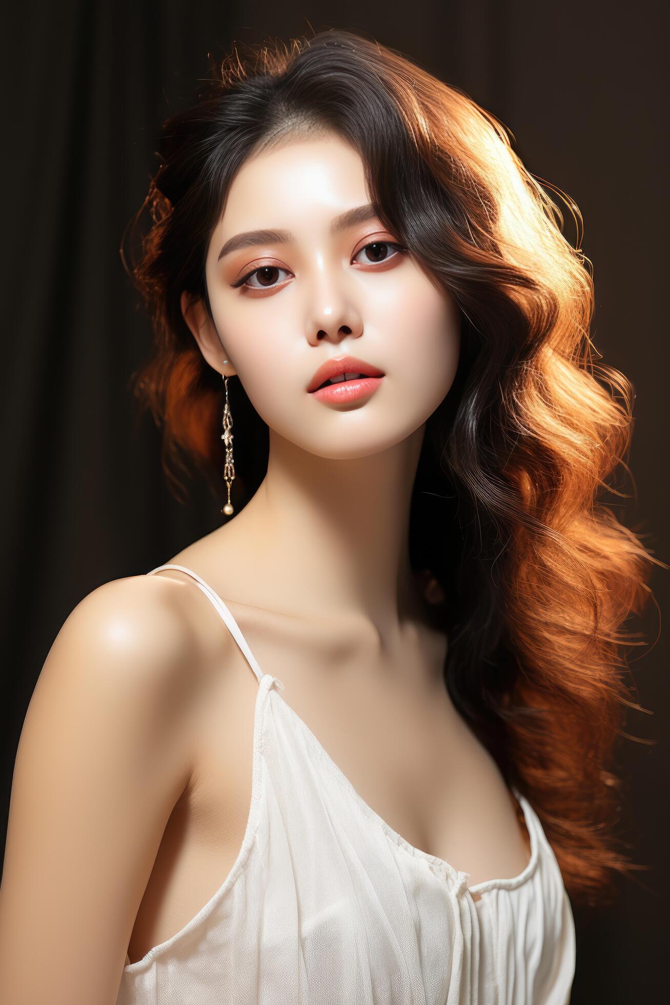 Beautiful asian woman with long brown curly hair Stock Free