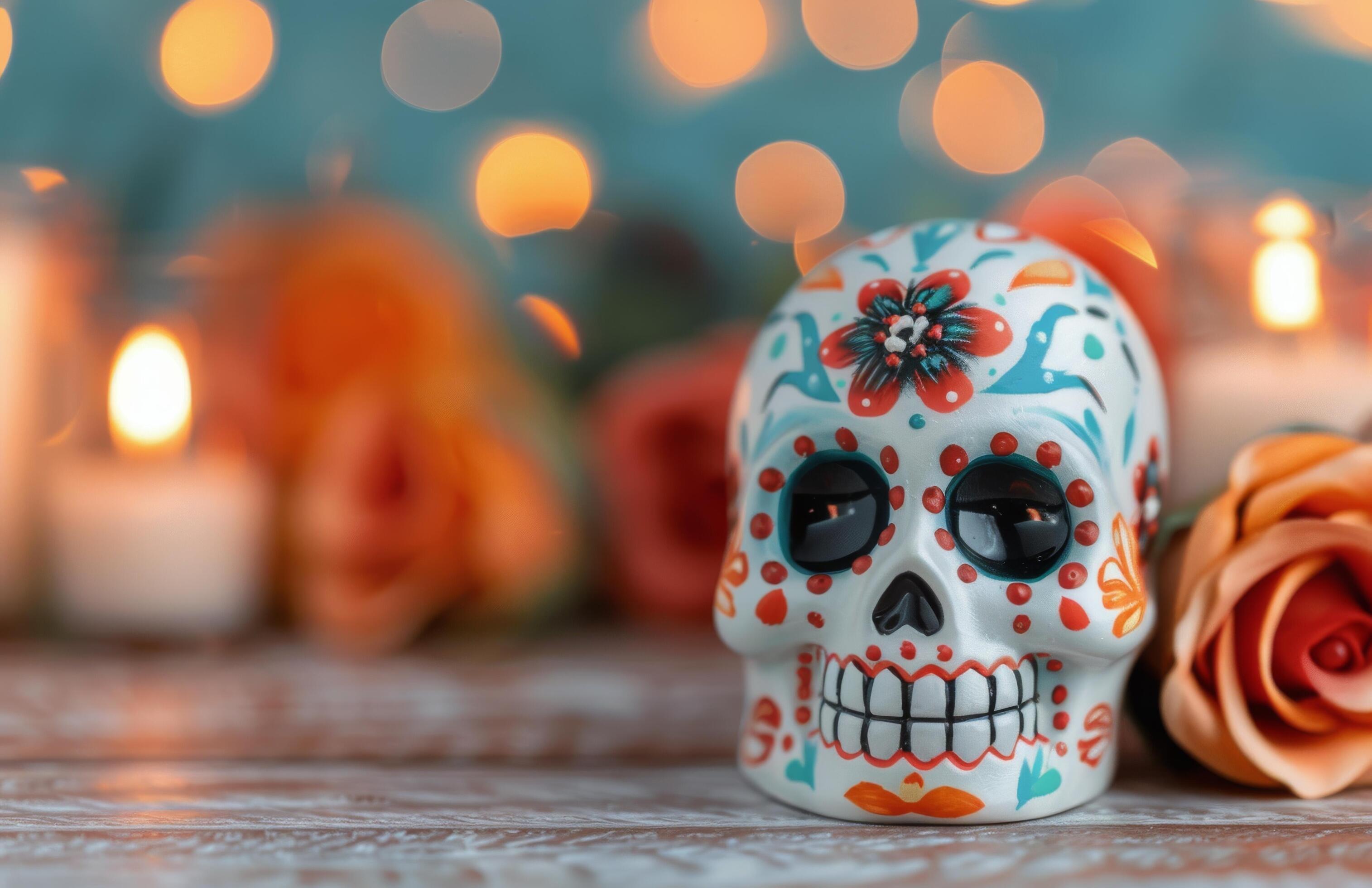 Colorful Sugar Skull With Flowers and Candle on a Decorative Fabric Background Stock Free