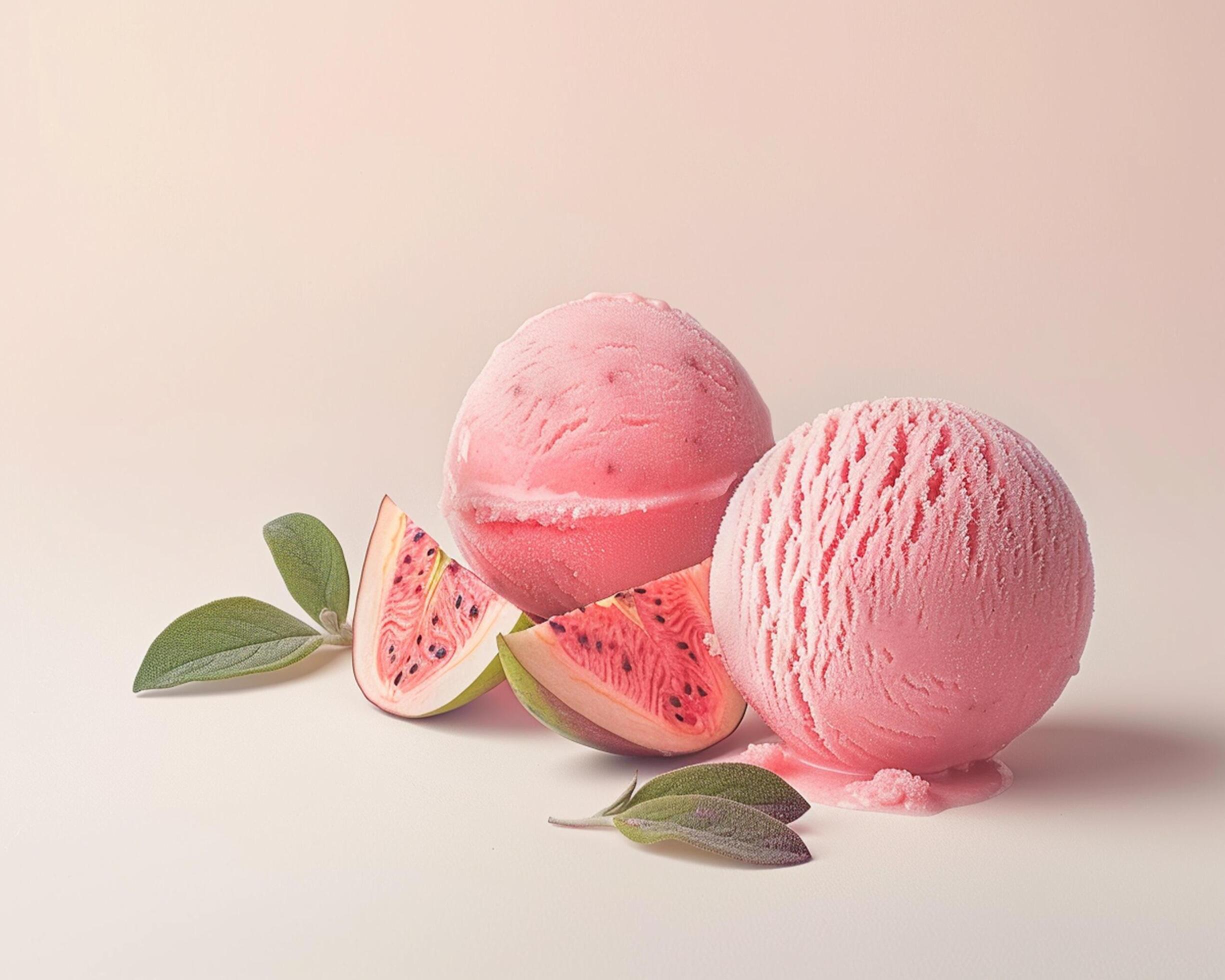 Two pink ice cream balls with leaves on top Stock Free