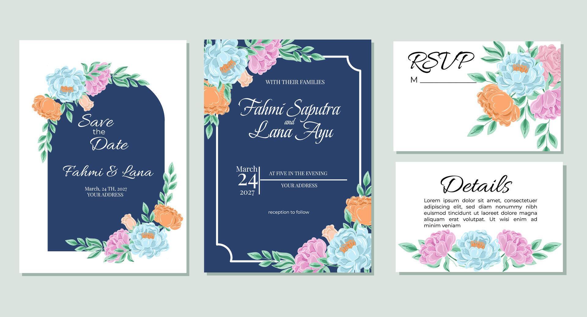 Blue Peony and Rose Flower Wedding Invitation Template Stock Free