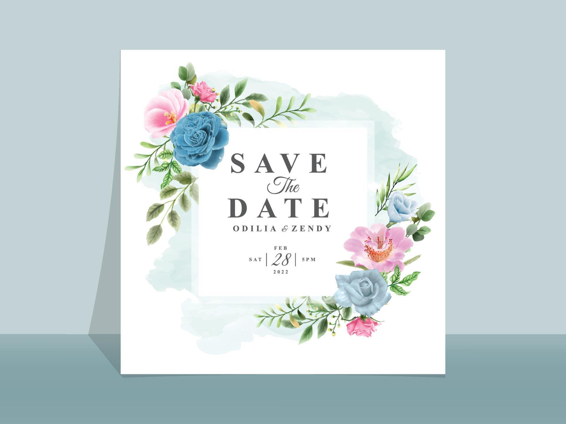 Beautiful blue and pink flowers wedding invitation card Stock Free