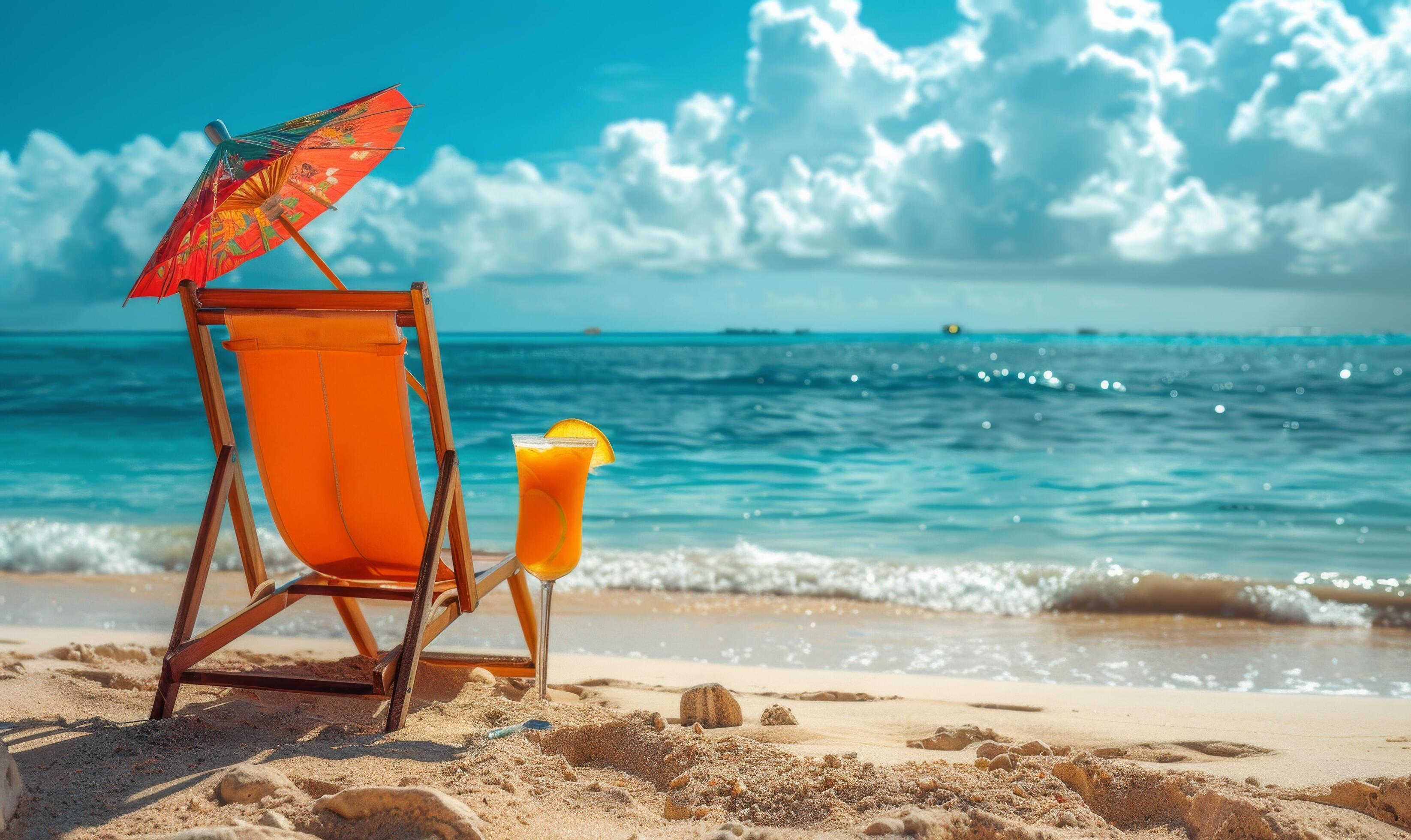 Relaxing Beach Scene With Red Umbrella and Beach Chair Stock Free