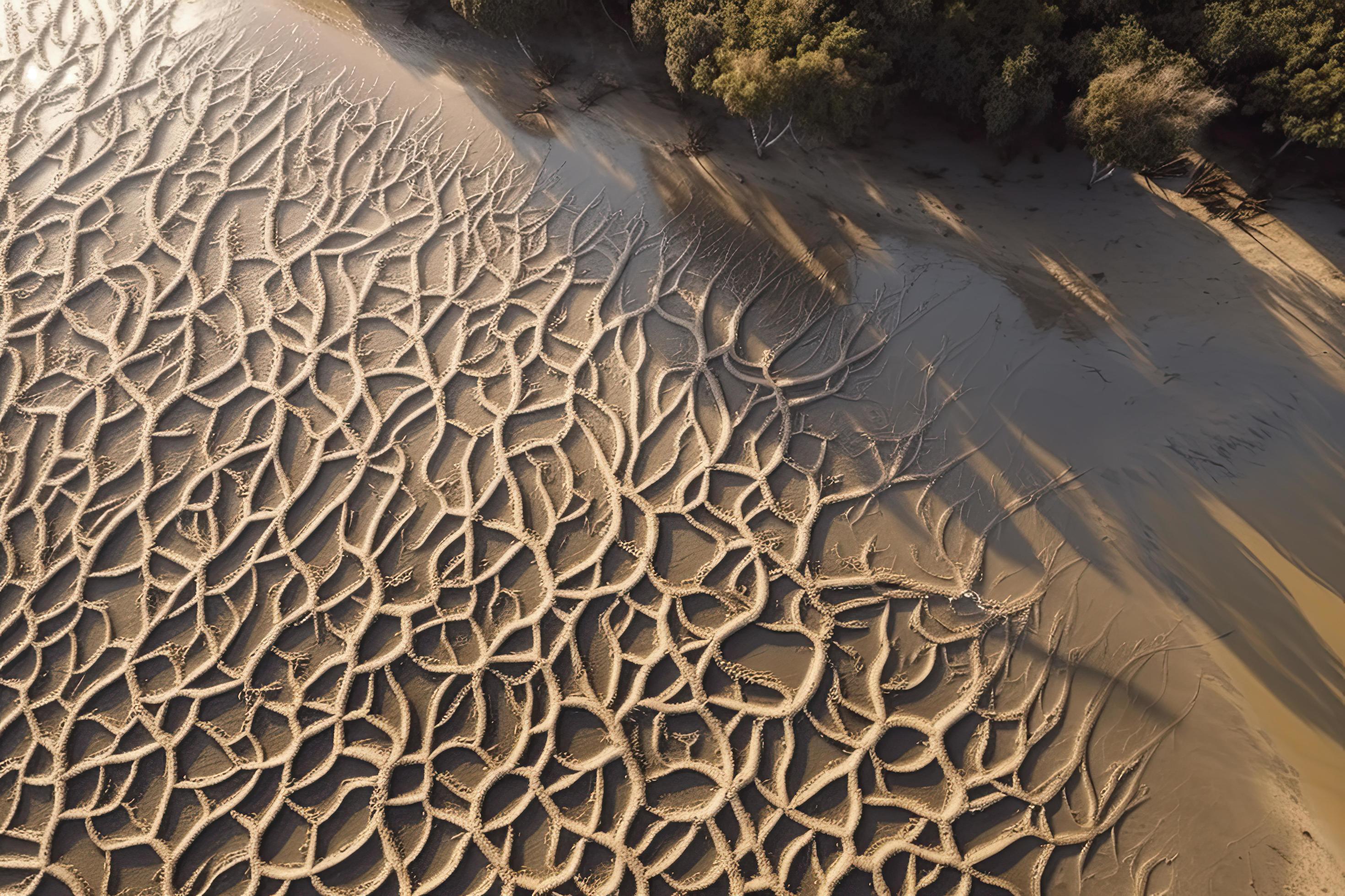 Aerial view of natural patterns in the sand at low tide near mangrove tree forest. Stock Free