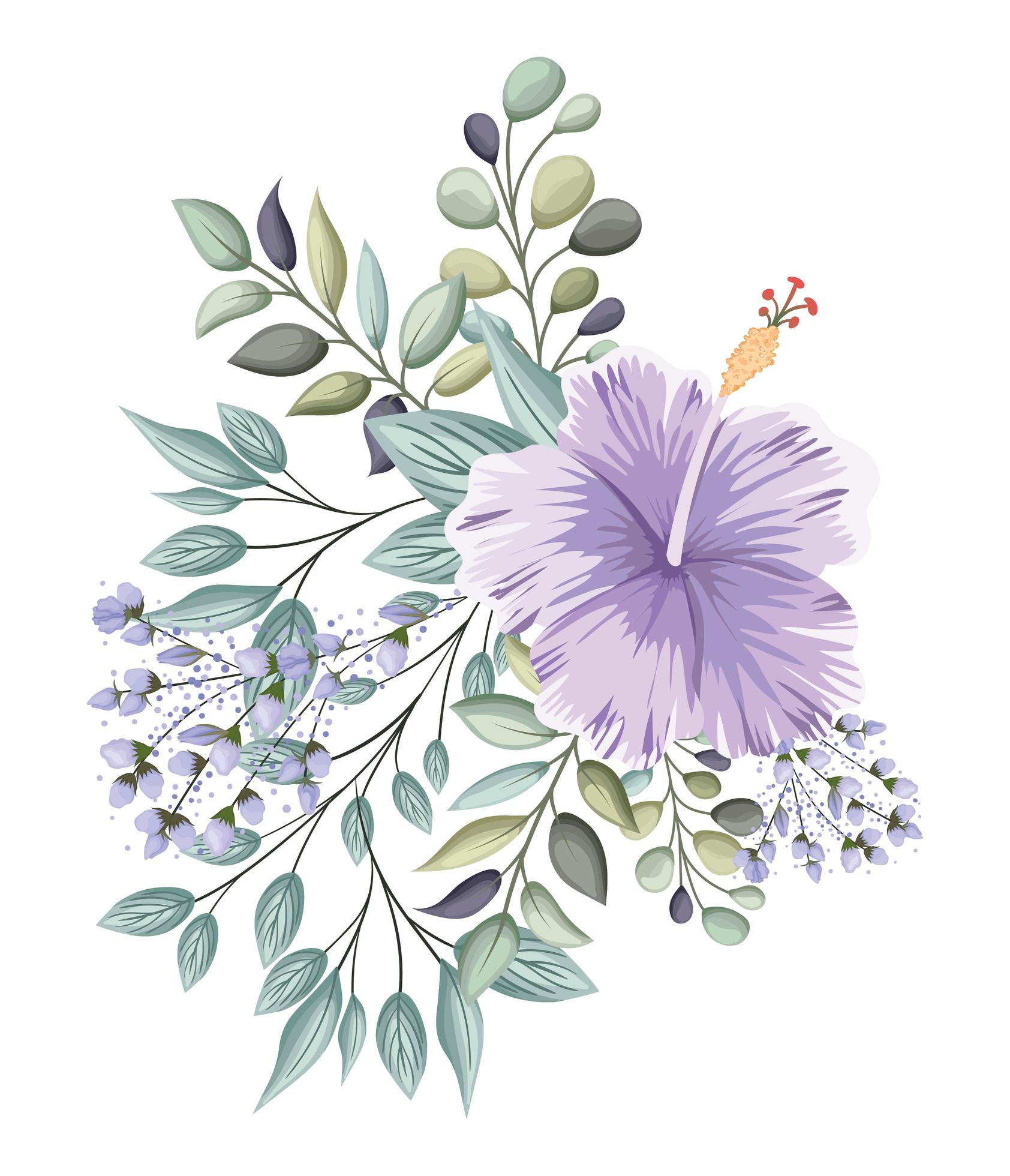 Purple Hawaiian flower with buds and leaves painting Stock Free