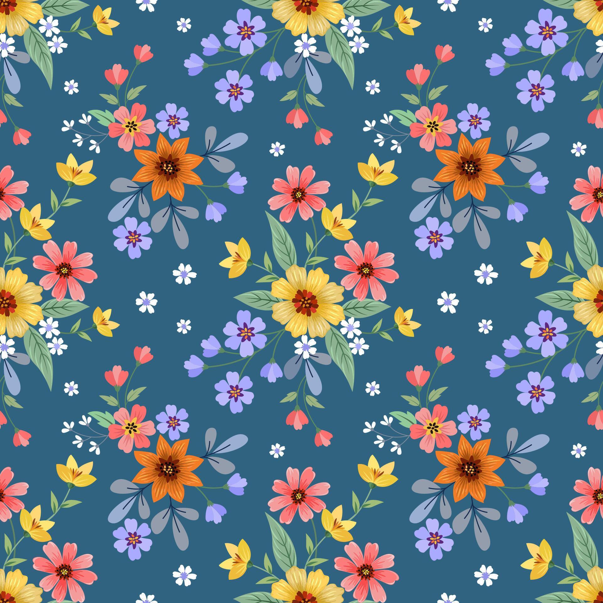 Beautiful blooming flowers design on green color background seamless pattern. Stock Free