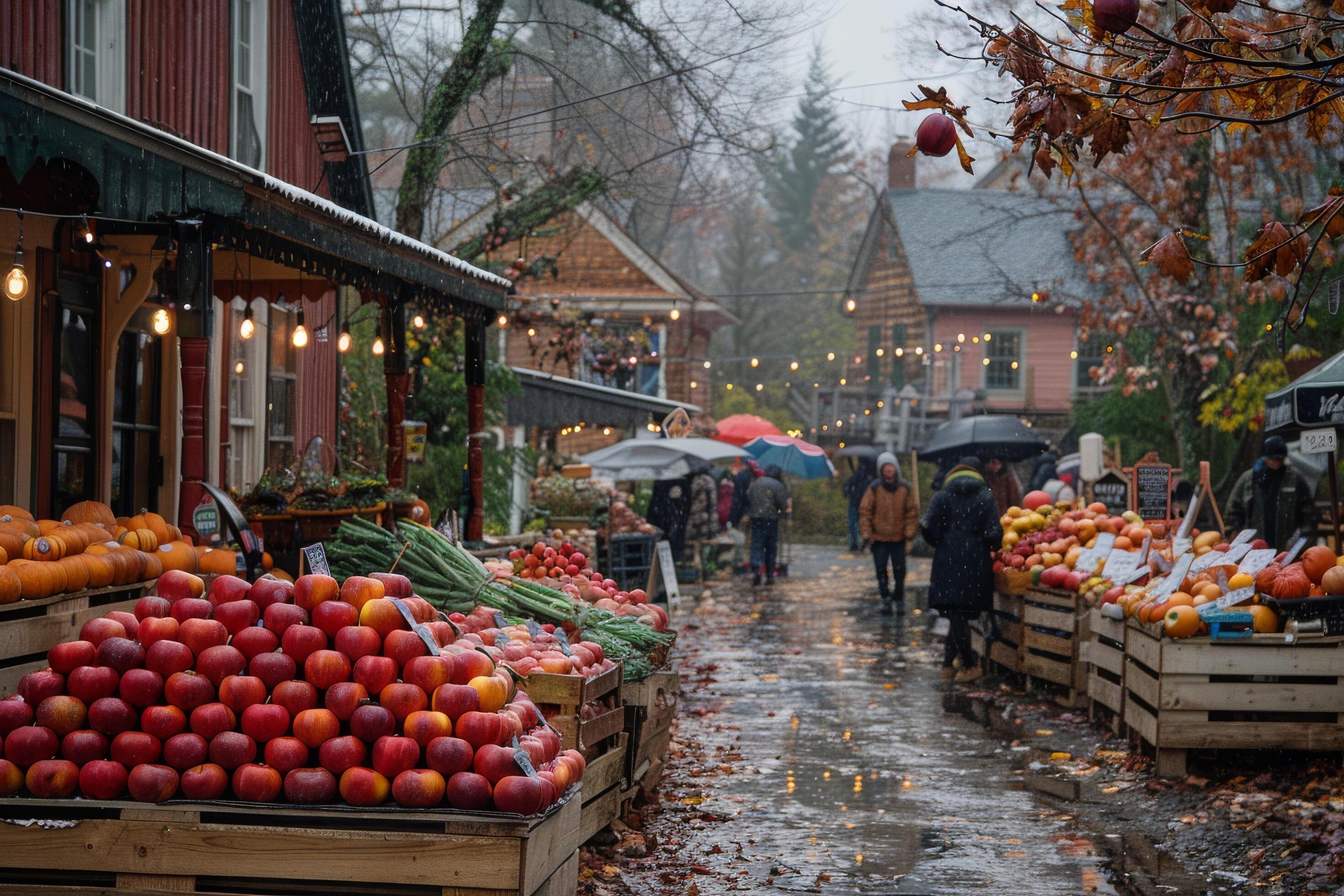 Fall Harvest Market in a Quaint Village on a Rainy Day Stock Free