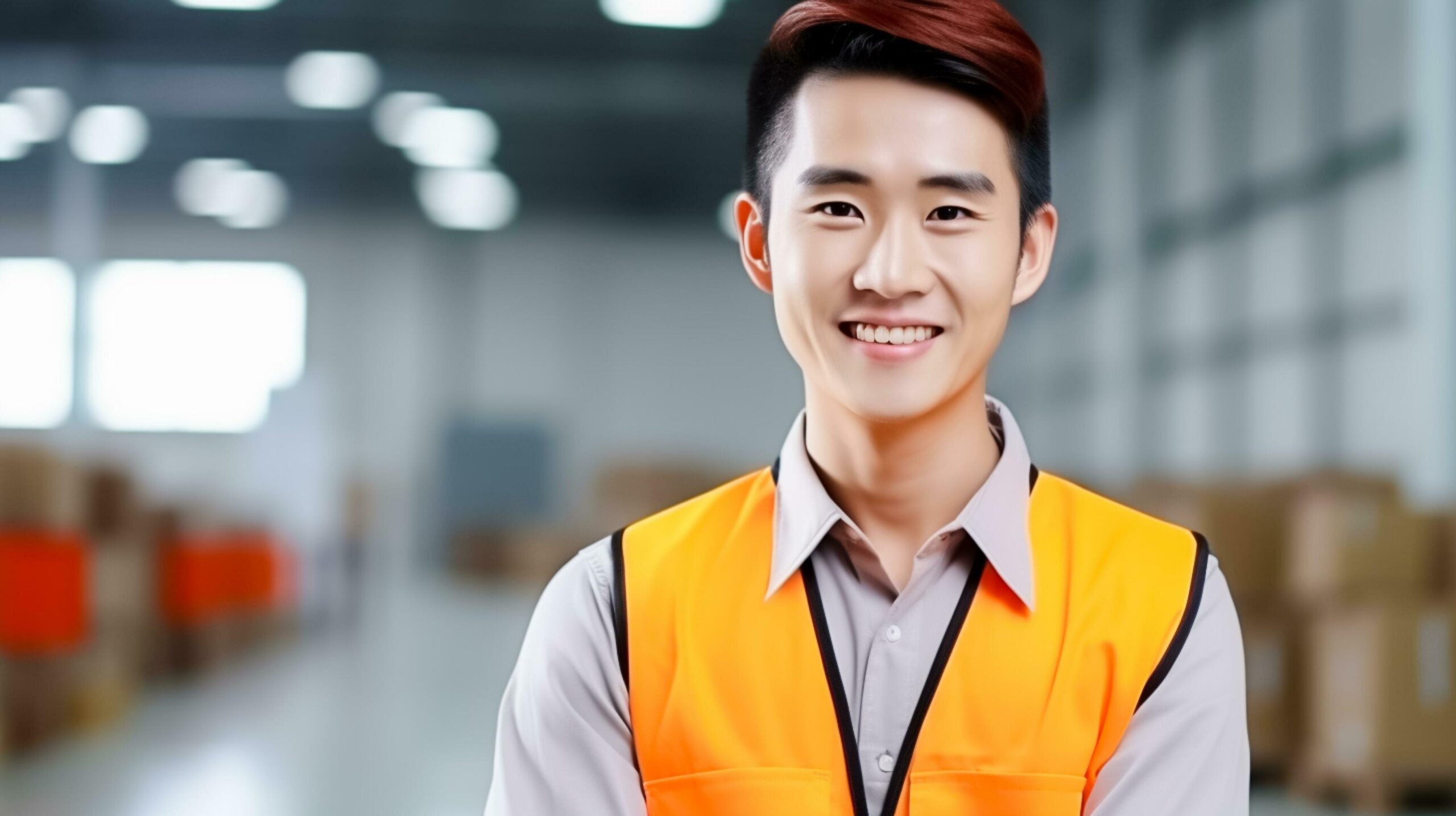 Photo of young asian engineer man handsome smiling in orange vest. factory worker. AI Generated Free Photo