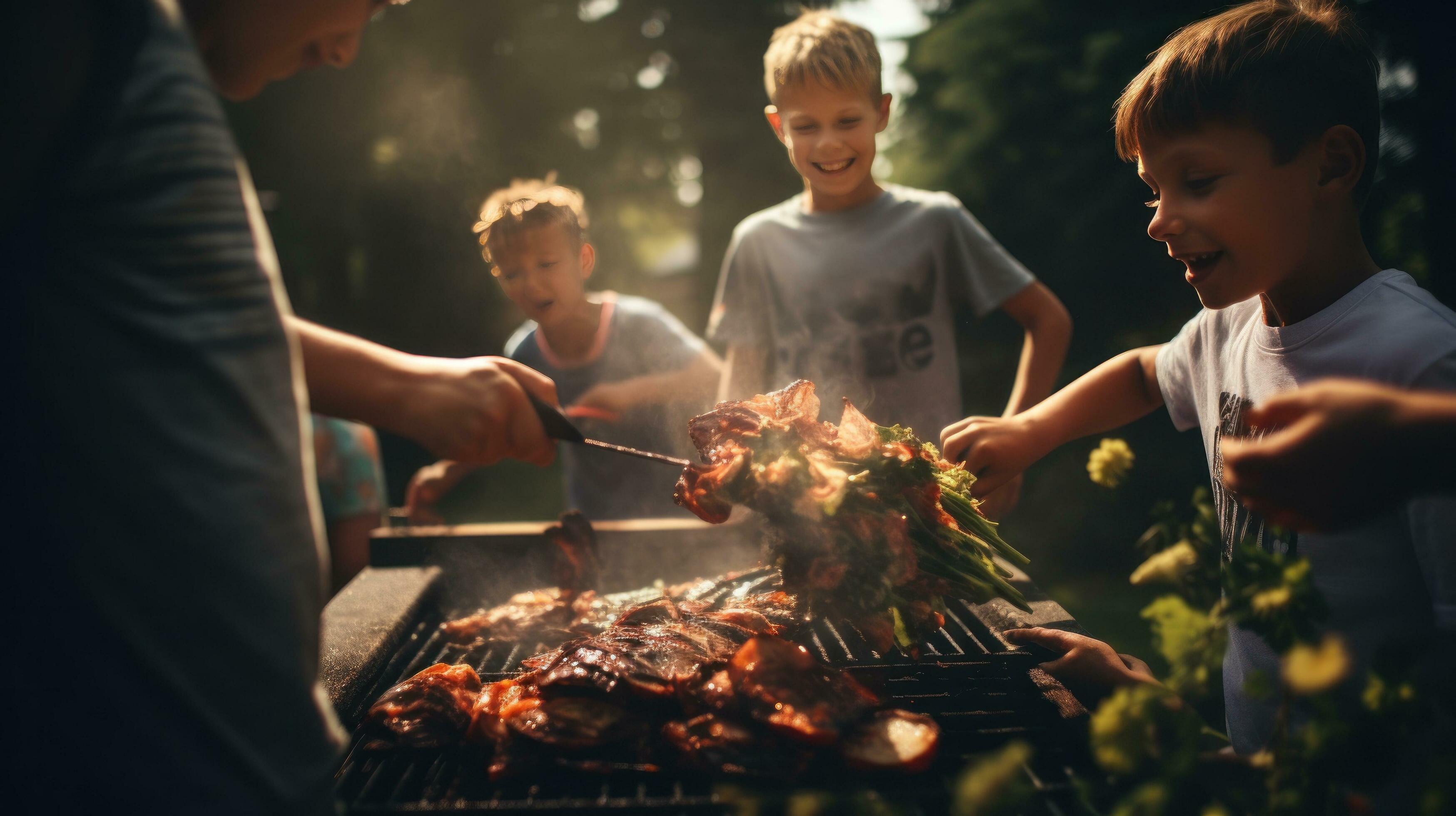 Young family is grilling at the barbecue Stock Free