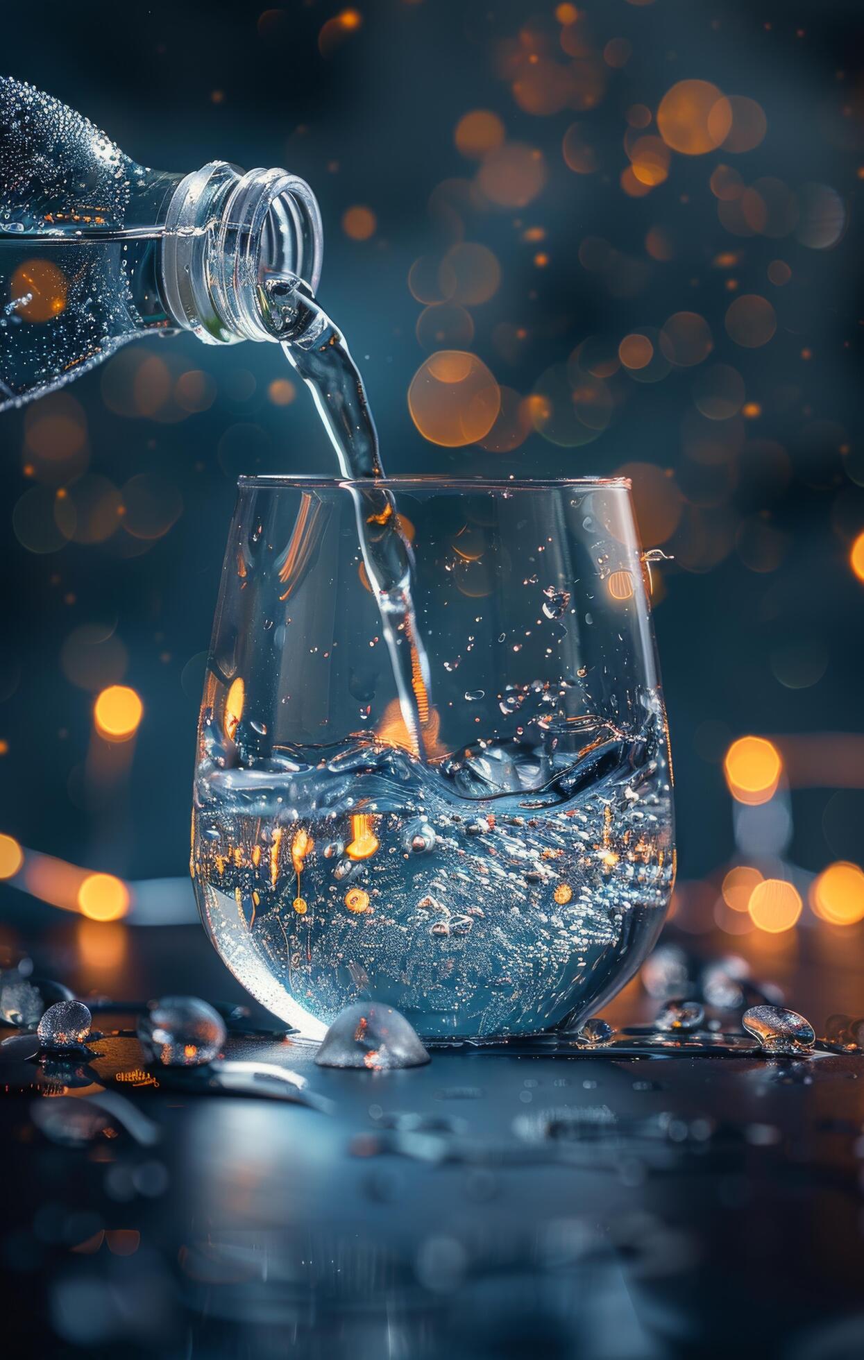 Water Pouring Into Glass on Dark Blue Background Stock Free