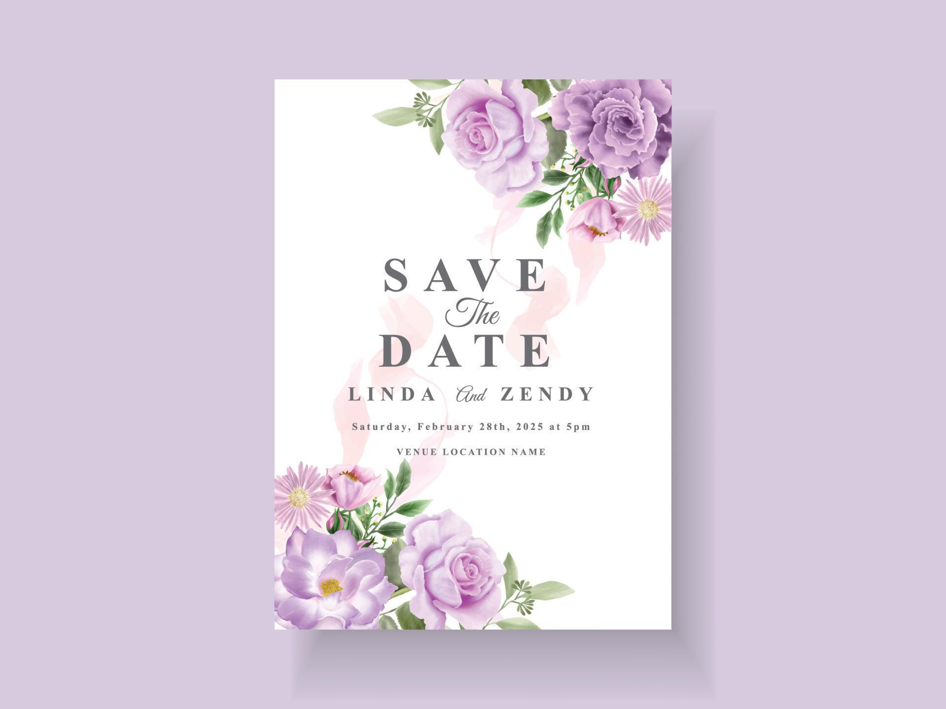 Beautiful purple flowers wedding invitation card template Stock Free