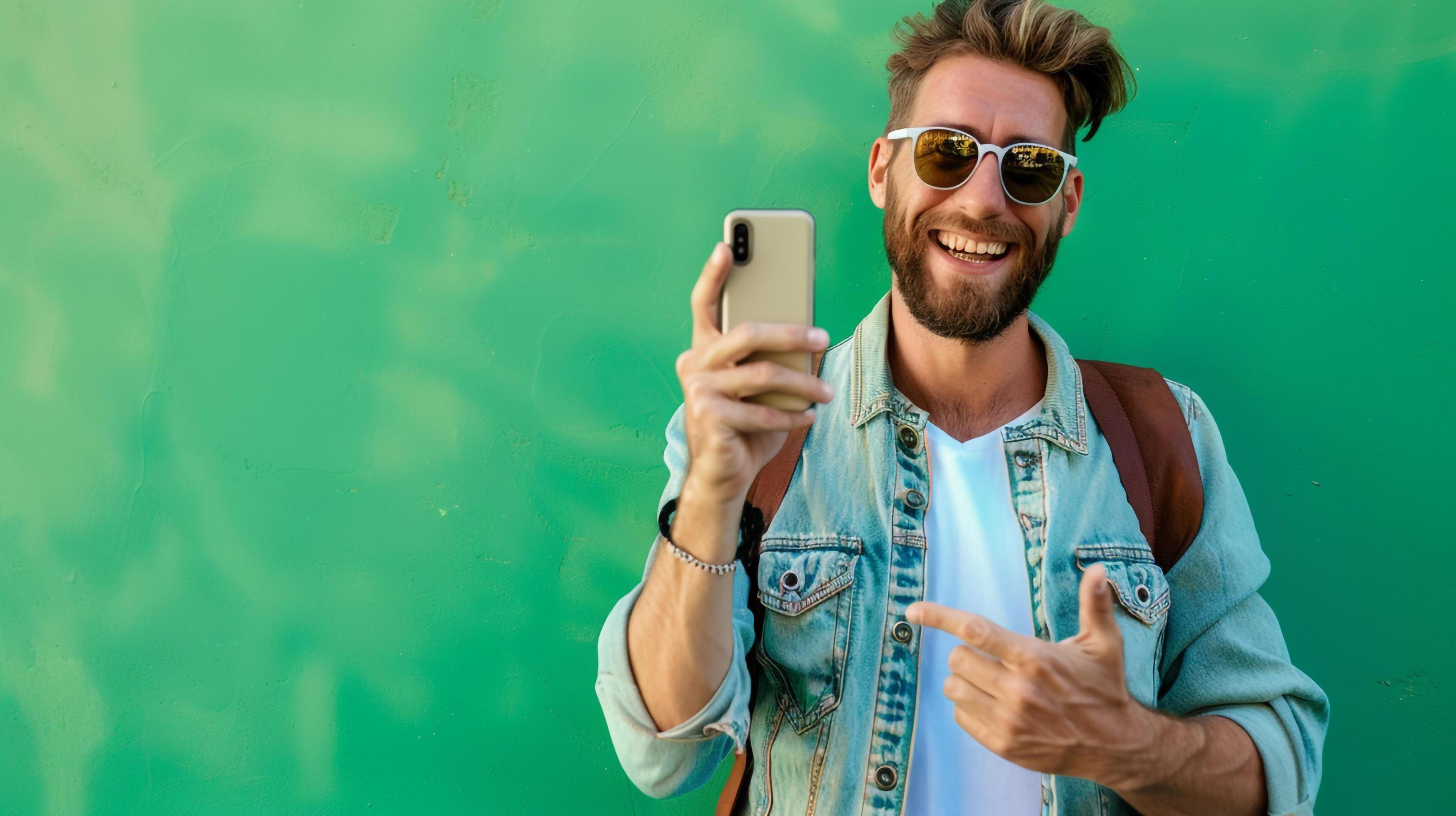 Man sunglasses denim jacket holding cellphone Stock Free