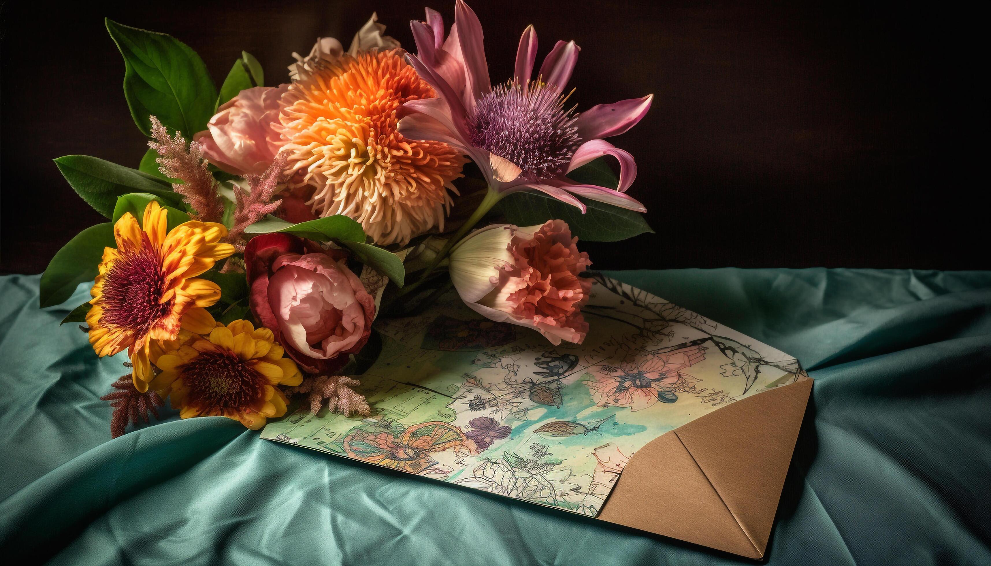 Fresh bouquet of multi colored flowers in a vintage vase generated by AI Stock Free