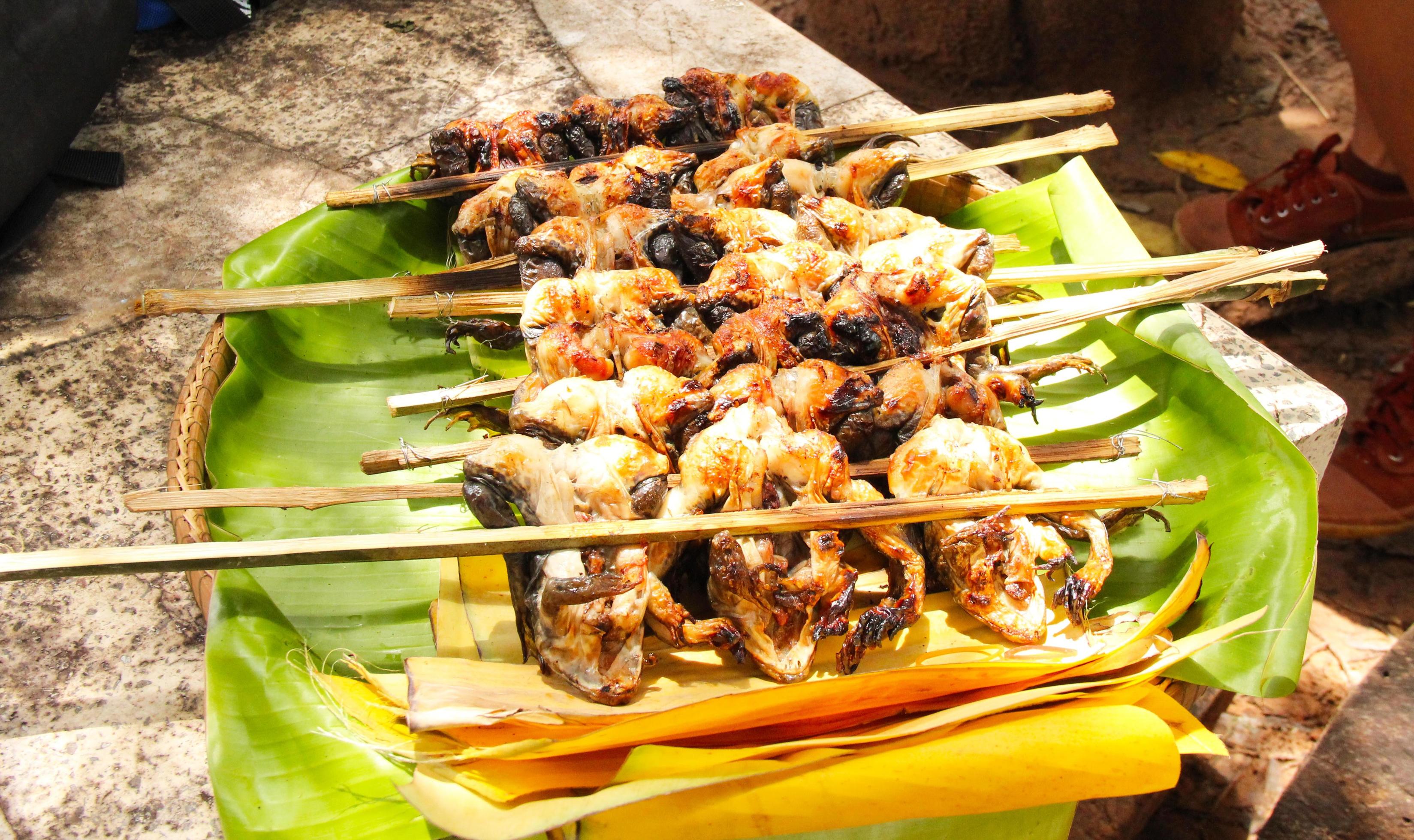 Grilled frog wild food, local food,of asian.Street food.frogs sprinkled with gels Use light, fragrant Thai food. Stock Free