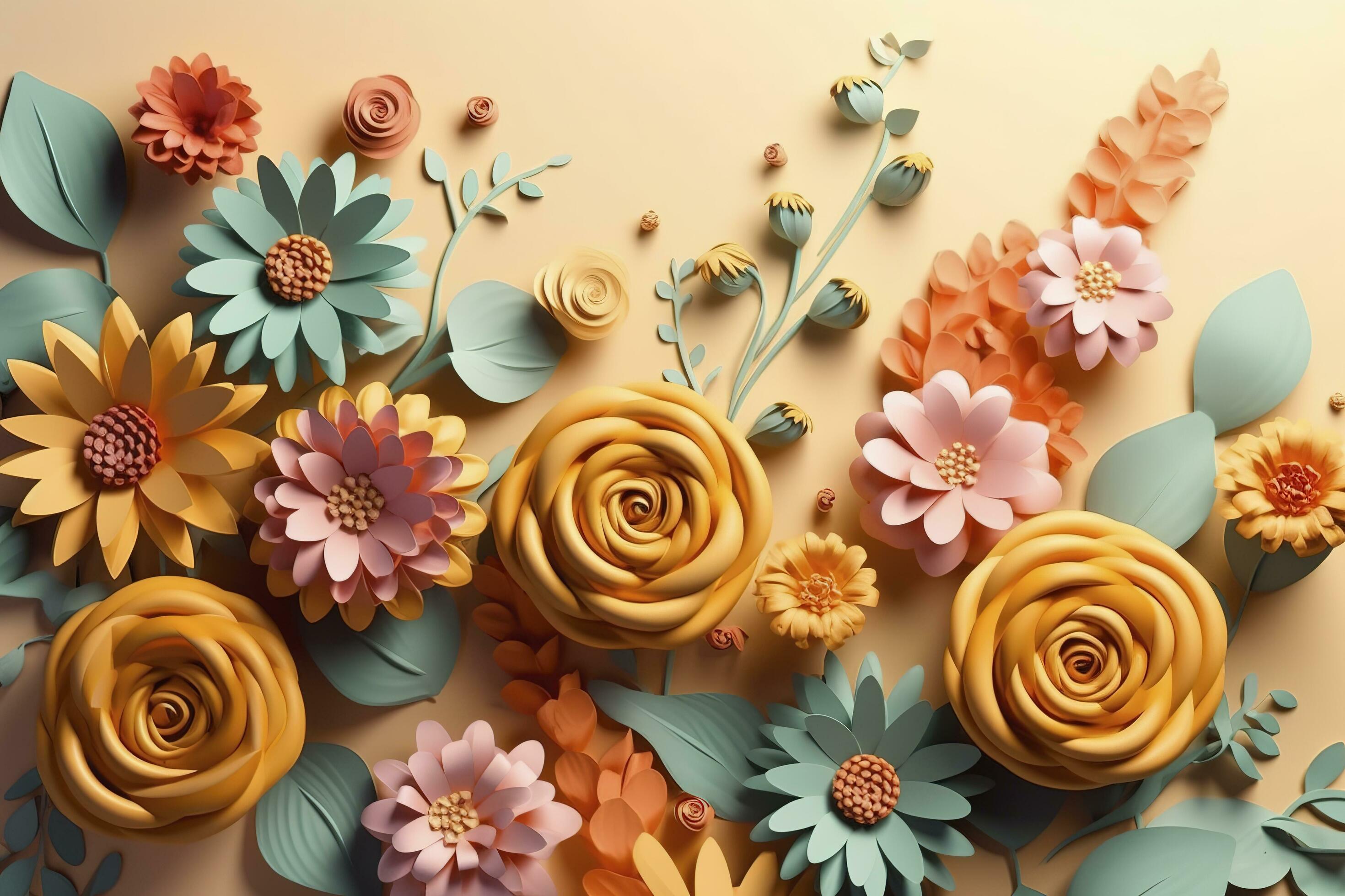 3d floral craft wallpaper. orange, rose, green and yellow flowers in light background. for kids room wall decor, generate ai Stock Free