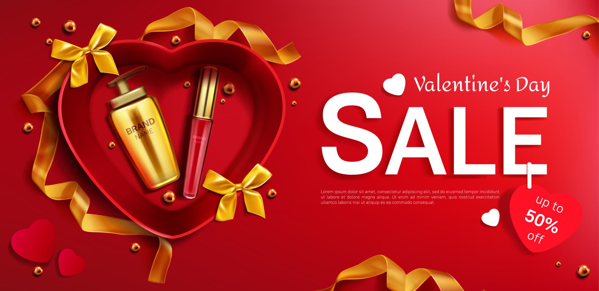 Cosmetics Valentine day sale red background banner Free Vector