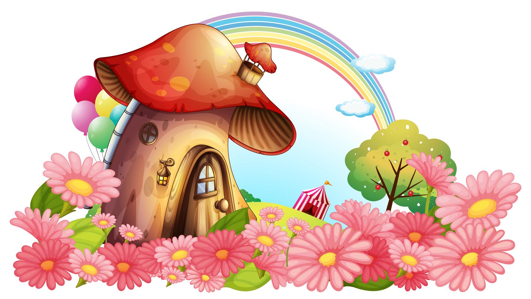 A mushroom house with a garden of flowers Stock Free