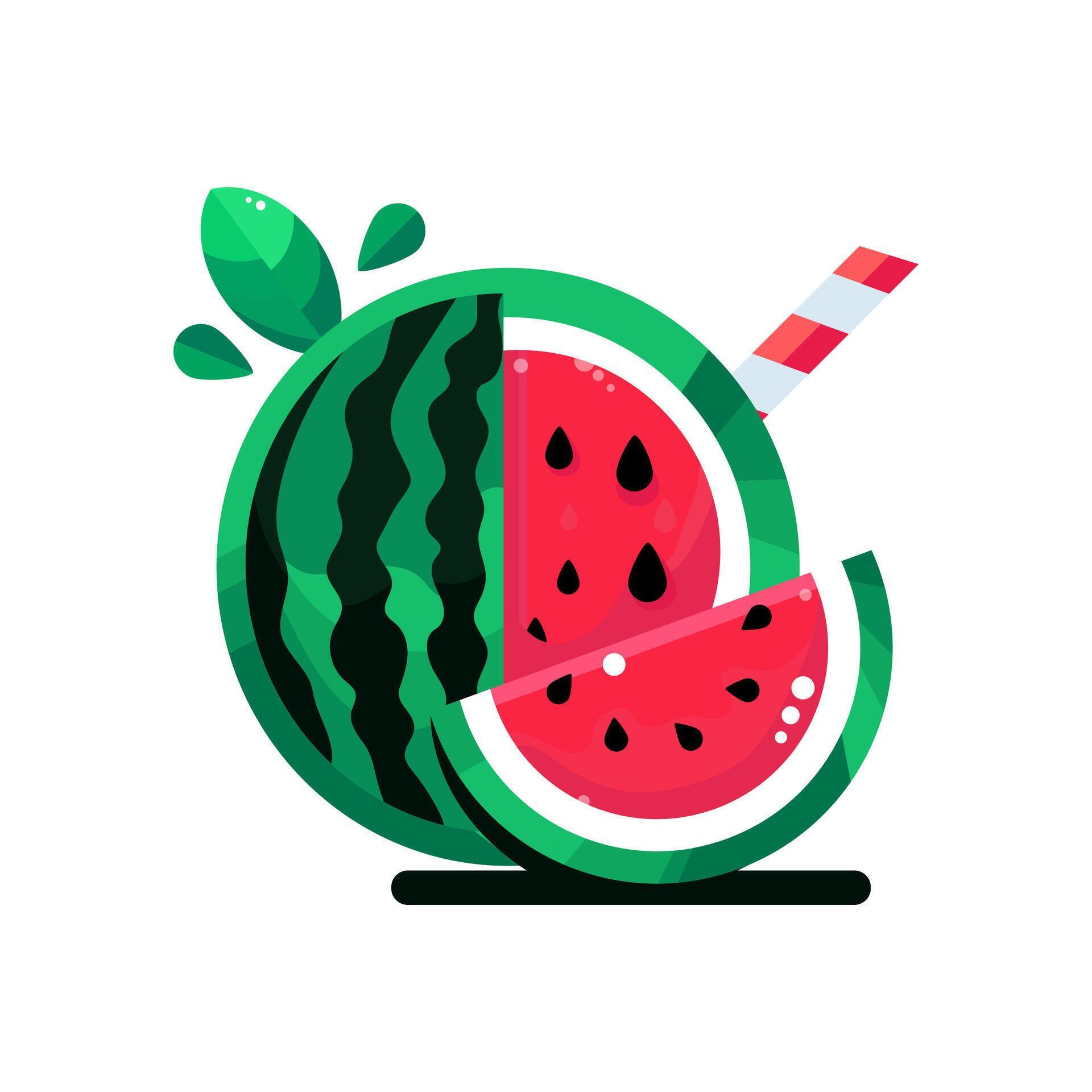 Slice And Whole Watermelon, green leaves Flower illustration in flat design. Summer food concept illustration isolated on white background Stock Free