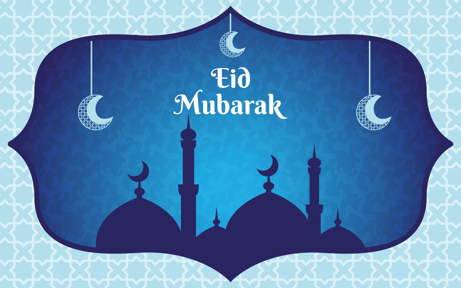 eid al fitr template banner with mosque silhouette and crescent moon hanging ornament, ramadan mubarak vector design Free Vector