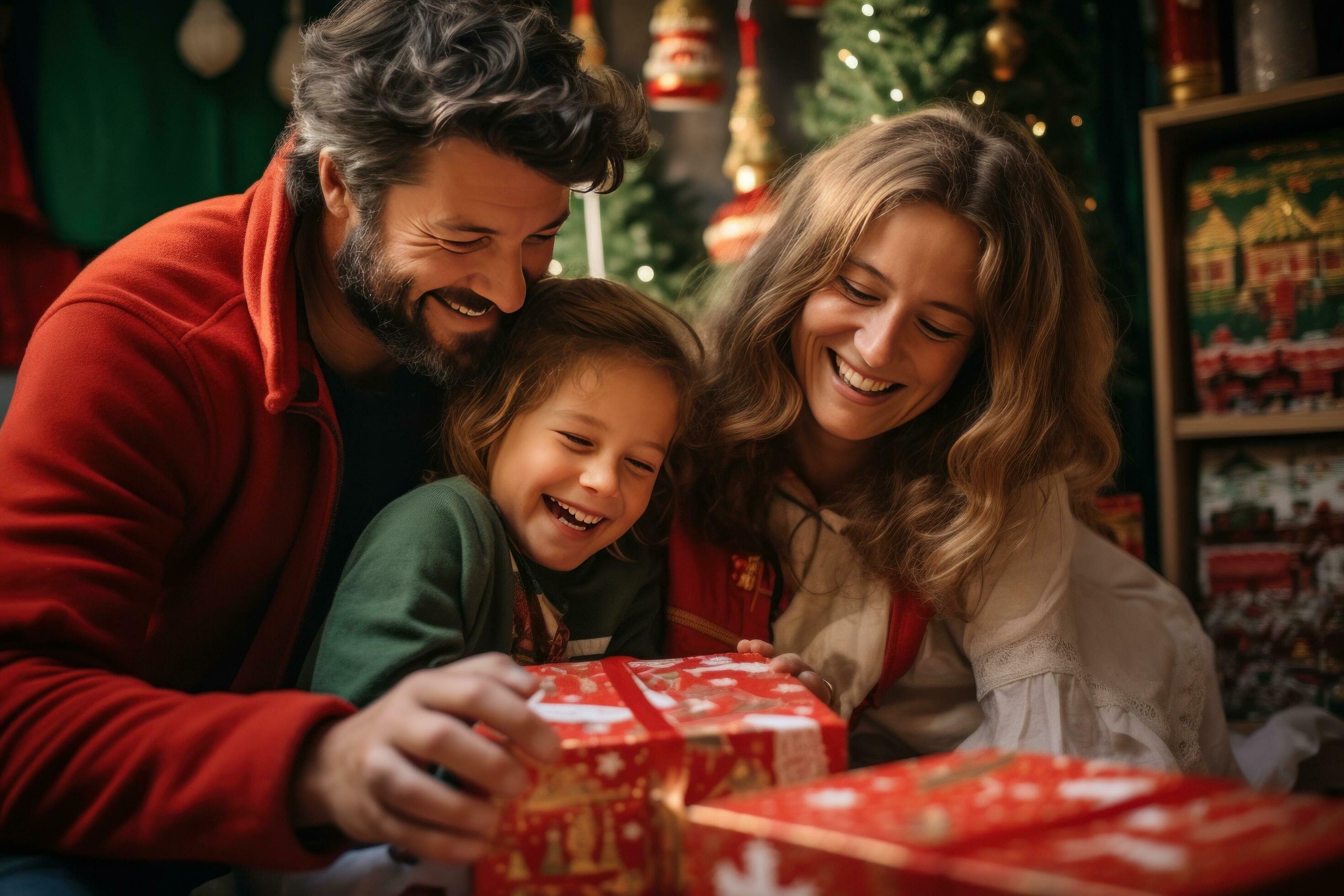 AI generated happy family taking pictures of presents, social media portraiture Stock Free