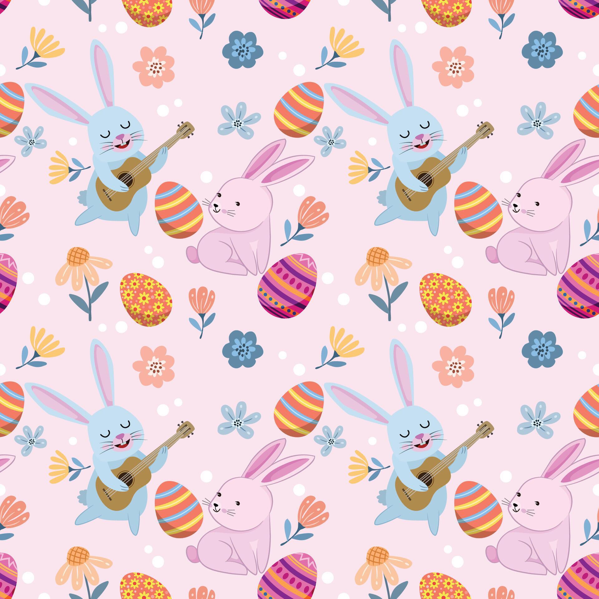 Bunny with Easter egg and flowers seamless pattern Stock Free