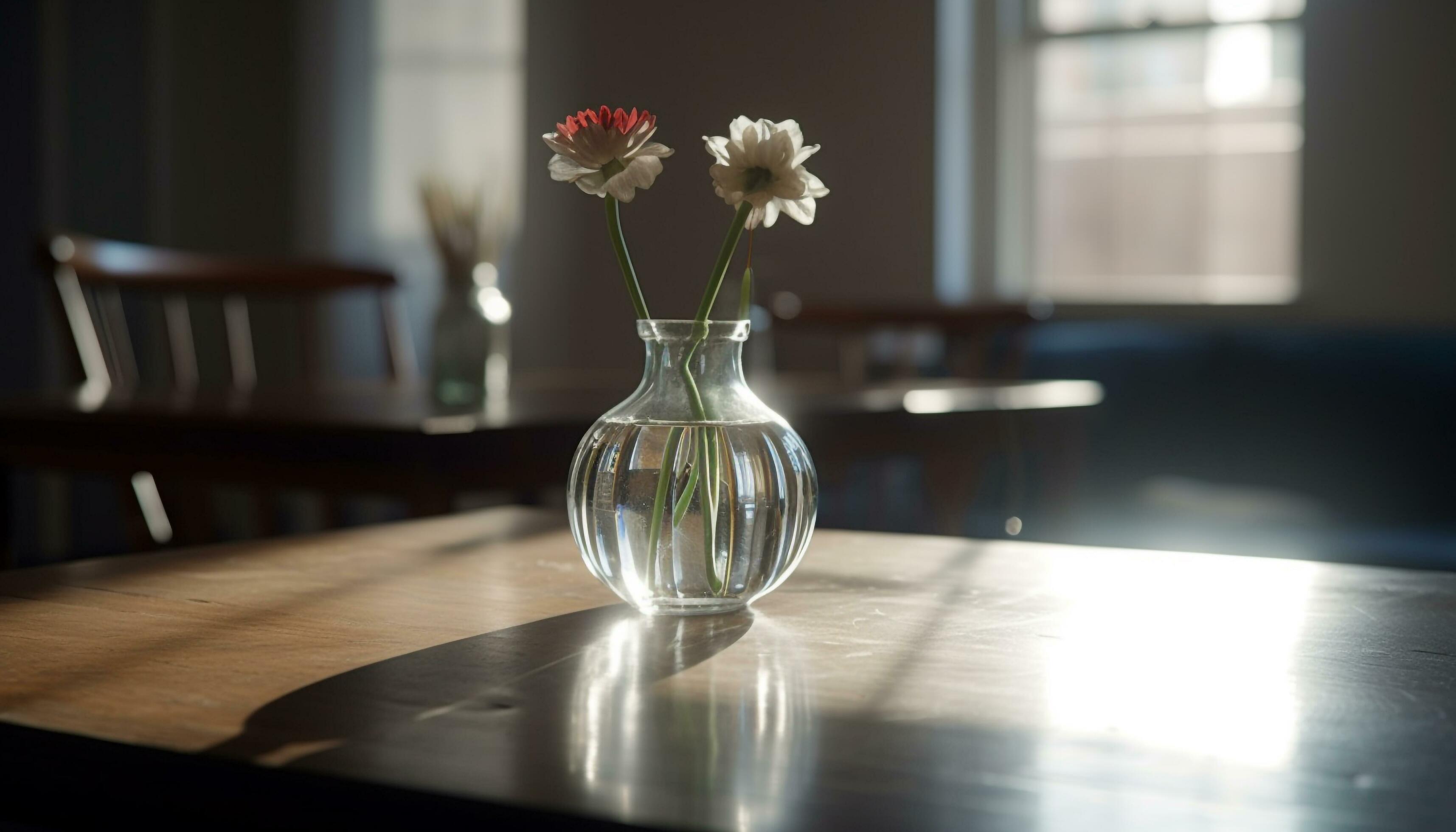 Modern vase on wooden table with fresh flower bouquet indoors generated by AI Stock Free