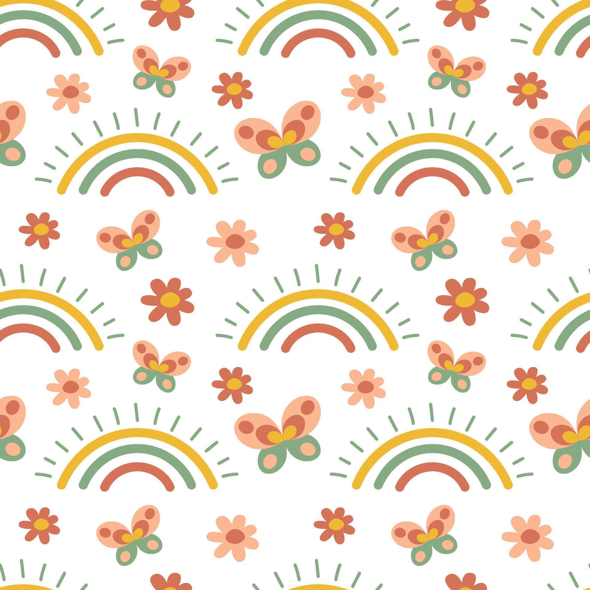 Seamless baby spring pattern. Rainbow, flowers, butterflies. Bright pattern for packaging, bed linen, clothing Stock Free